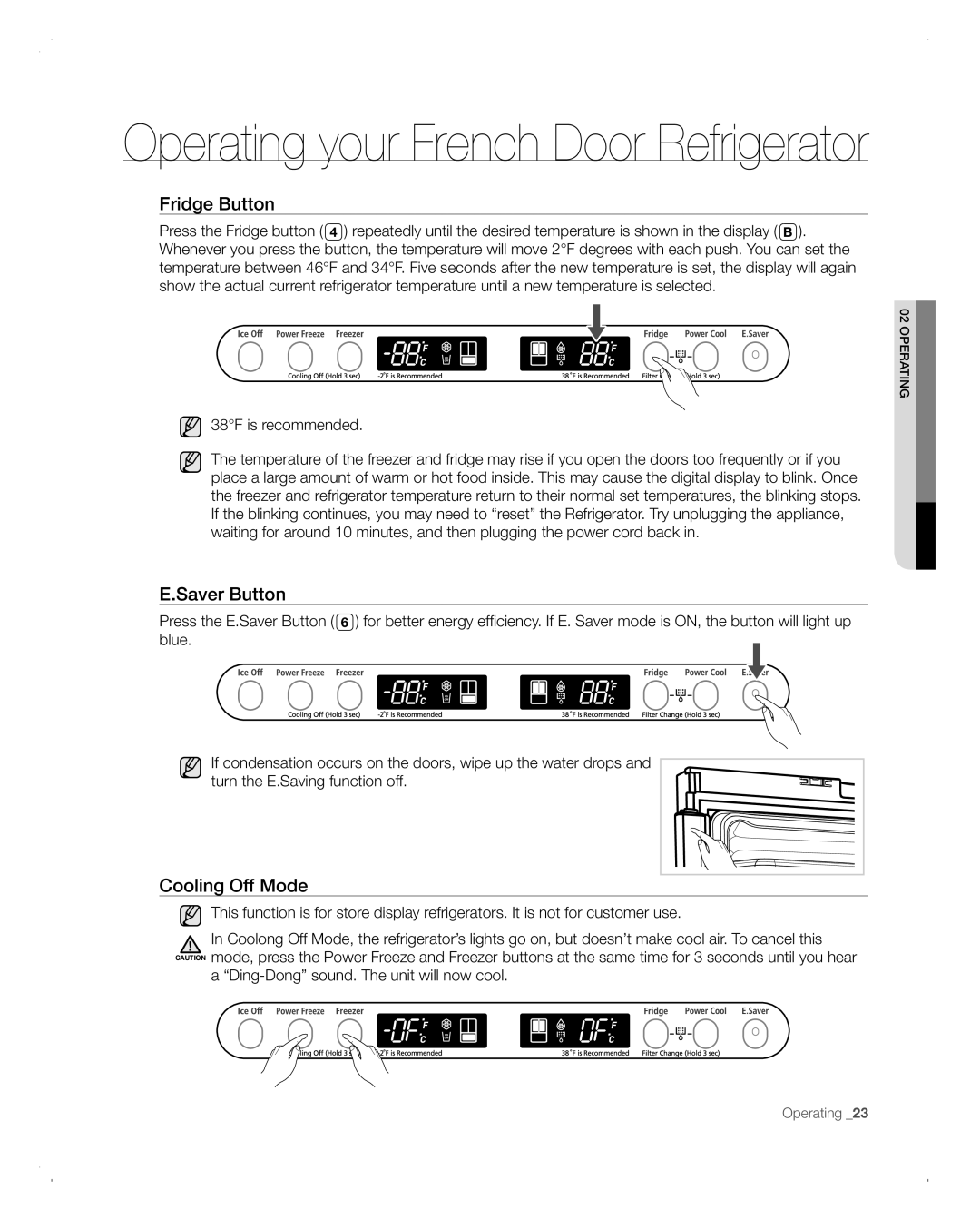 Samsung RFG293HABP user manual Fridge Button, Saver Button, Cooling Off Mode 