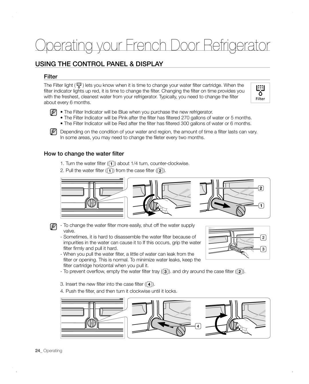 Samsung RFG293HABP user manual Filter, How to change the water filter 