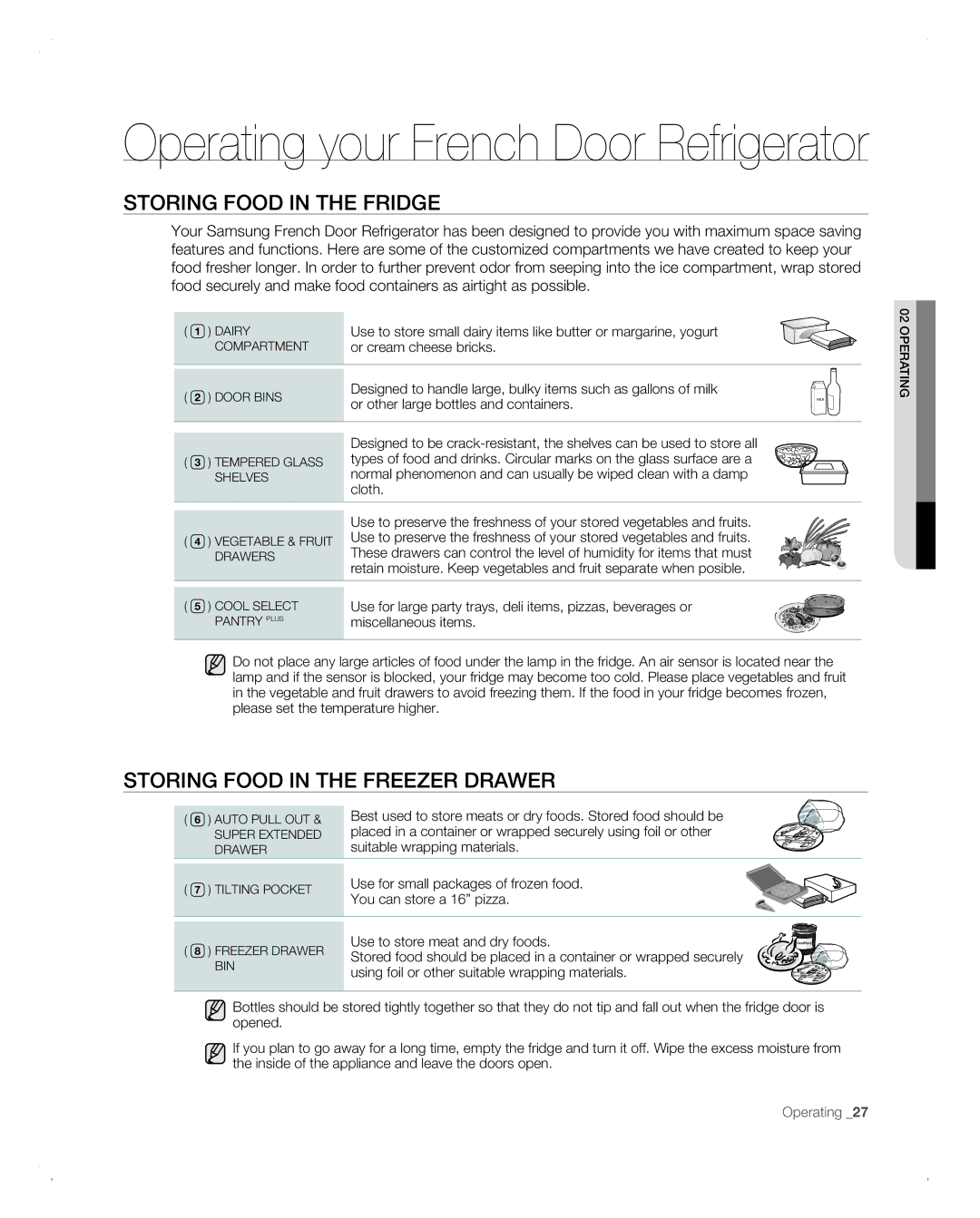 Samsung RFG293HABP user manual Storing Food in the Fridge, Storing Food in the Freezer Drawer 