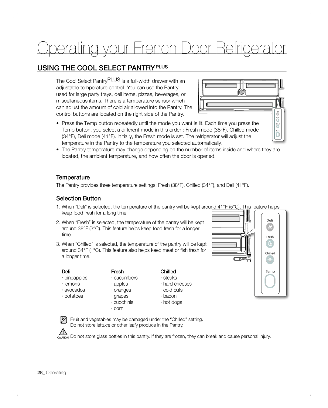 Samsung RFG293HABP user manual Using the Cool Select Pantryplus, Temperature, Selection Button 