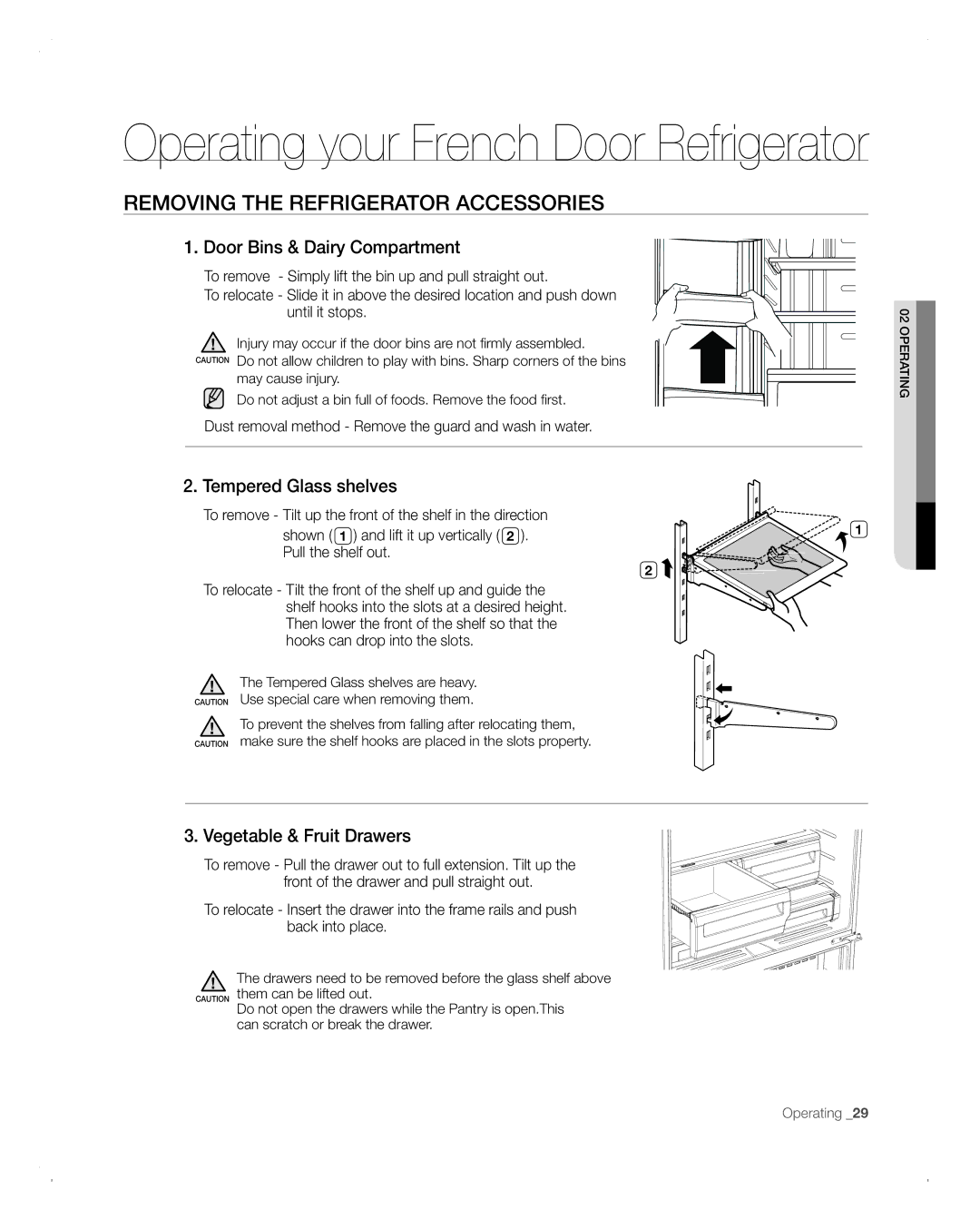 Samsung RFG293HABP user manual Removing the Refrigerator Accessories, Door Bins & Dairy Compartment, Tempered Glass shelves 