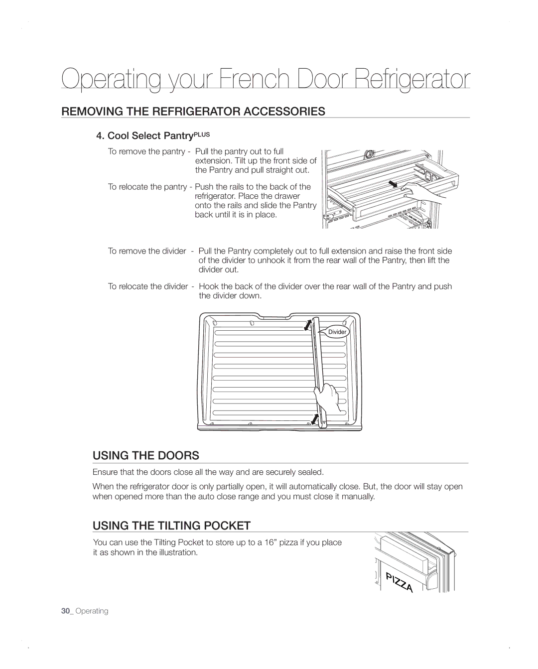 Samsung RFG293HABP user manual Using tHe DooRs, UsinG tHE tiLtinG PoCKEt, Cool Select PantryPLUS 