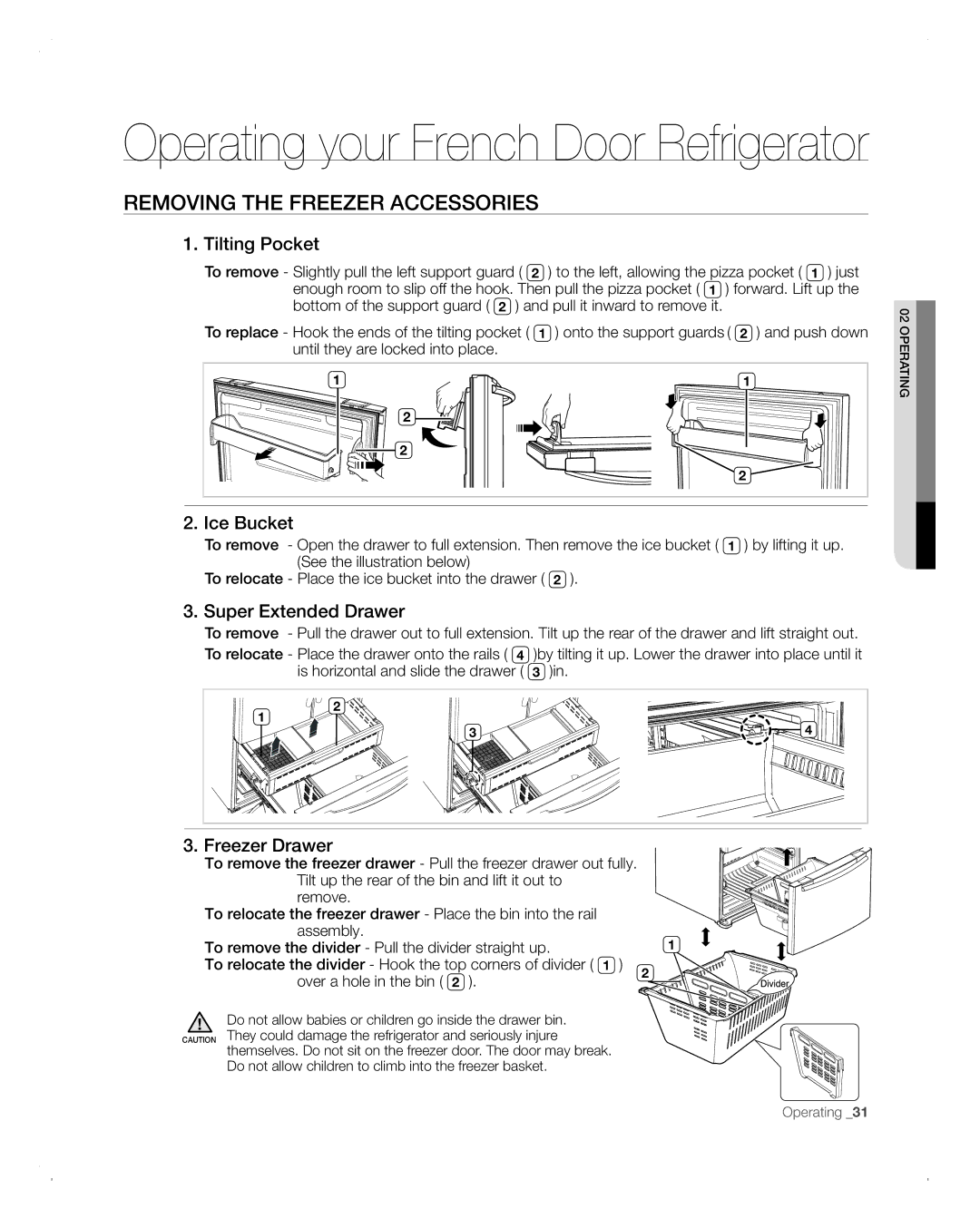 Samsung RFG293HABP Removing the Freezer Accessories, Tilting Pocket, Ice Bucket, Super Extended Drawer, Freezer Drawer 