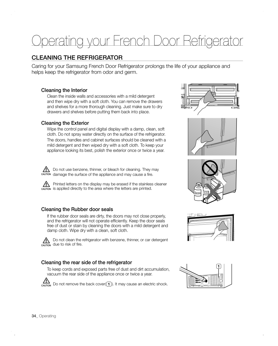 Samsung RFG293HABP user manual CLEAninG tHE REFRiGERAtoR, Cleaning the Exterior, Cleaning the Rubber door seals 