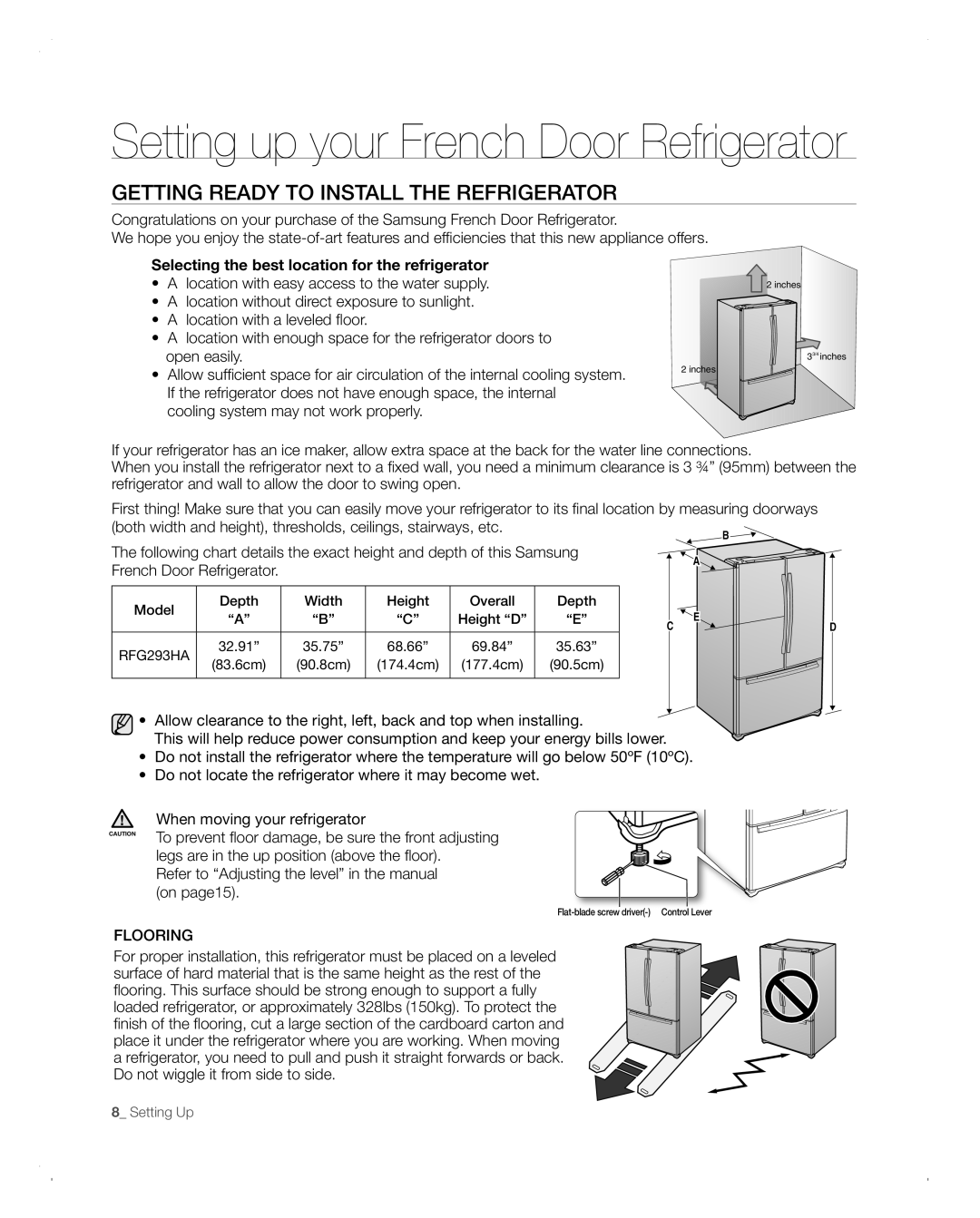 Samsung RFG293HABP user manual Setting up your French Door Refrigerator, GEttinG READy to instALL tHE REFRiGERAtoR 