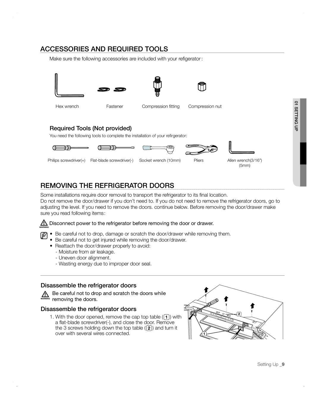 Samsung RFG293HABP user manual Accessories and Required Tools, Removing the refrigerator doors, Required Tools Not provided 