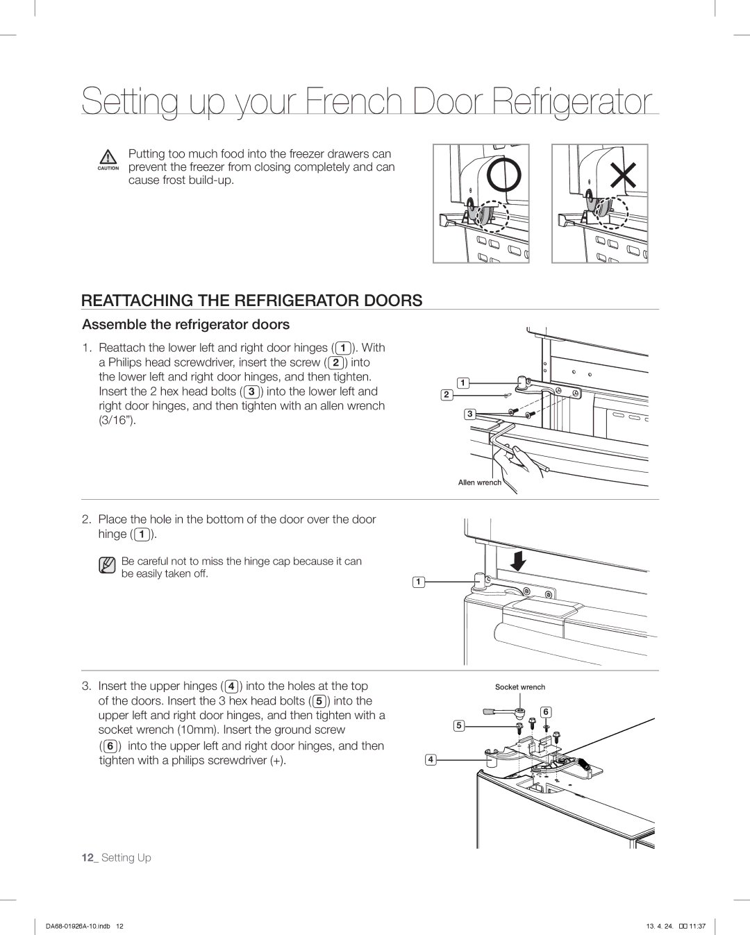 Samsung RFG293HARS, RFG293HAWP user manual Reattaching the Refrigerator Doors, Assemble the refrigerator doors 