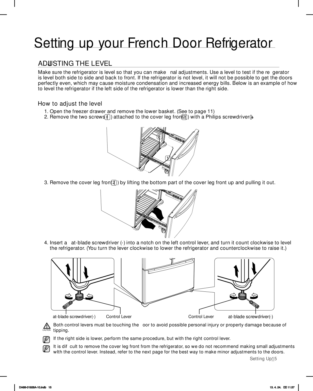 Samsung RFG293HAWP, RFG293HARS user manual Adjusting the Level, How to adjust the level 