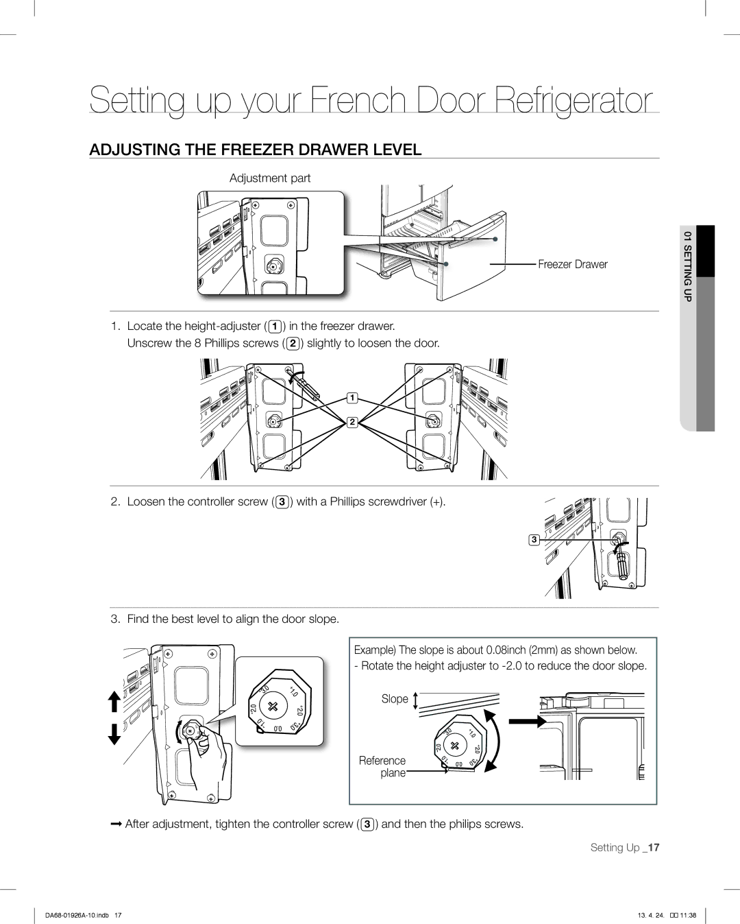 Samsung RFG293HAWP, RFG293HARS user manual Adjusting the Freezer Drawer Level, Adjustment part Freezer Drawer 