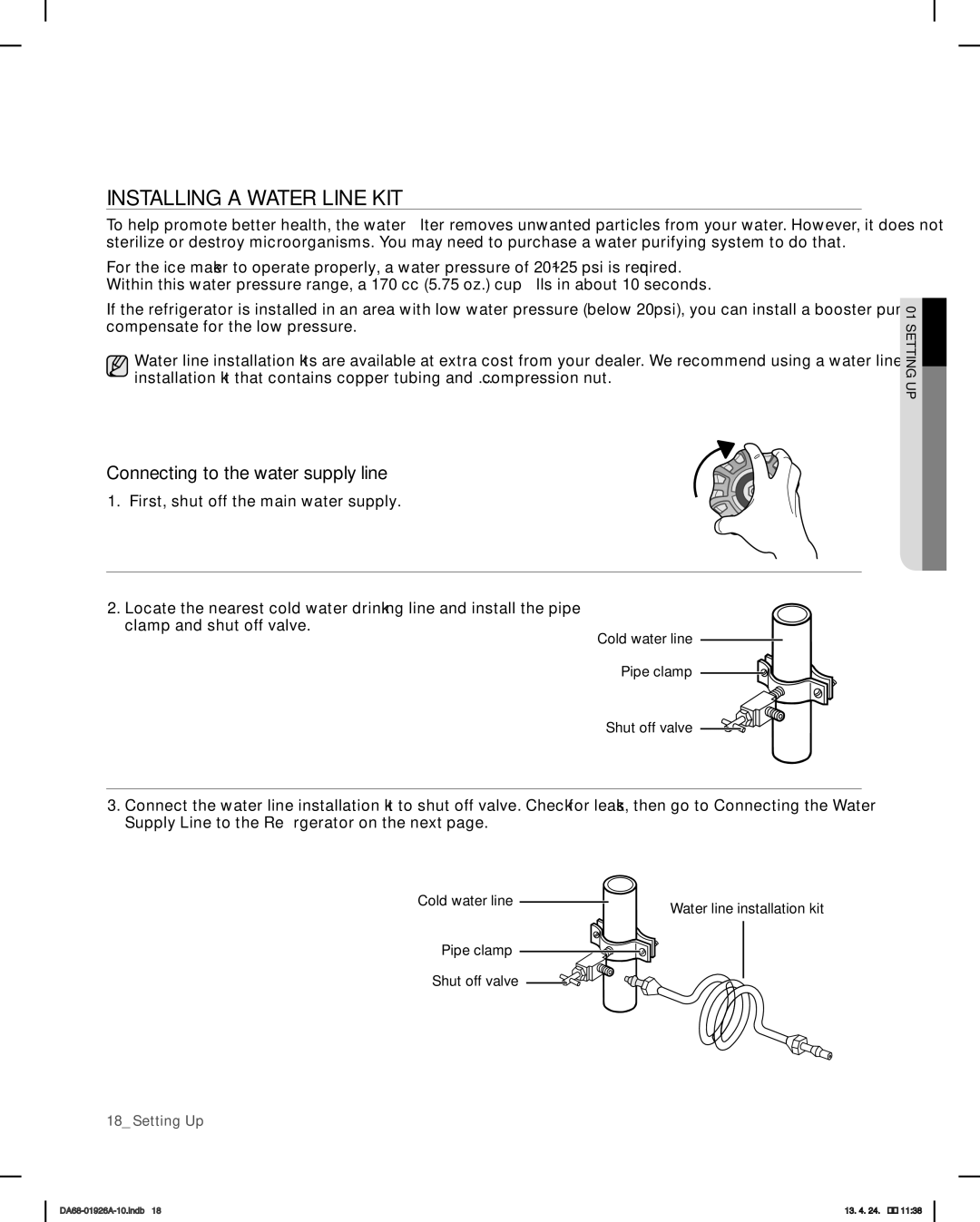 Samsung RFG293HARS, RFG293HAWP user manual Installing a Water Line KIT, Connecting to the water supply line 