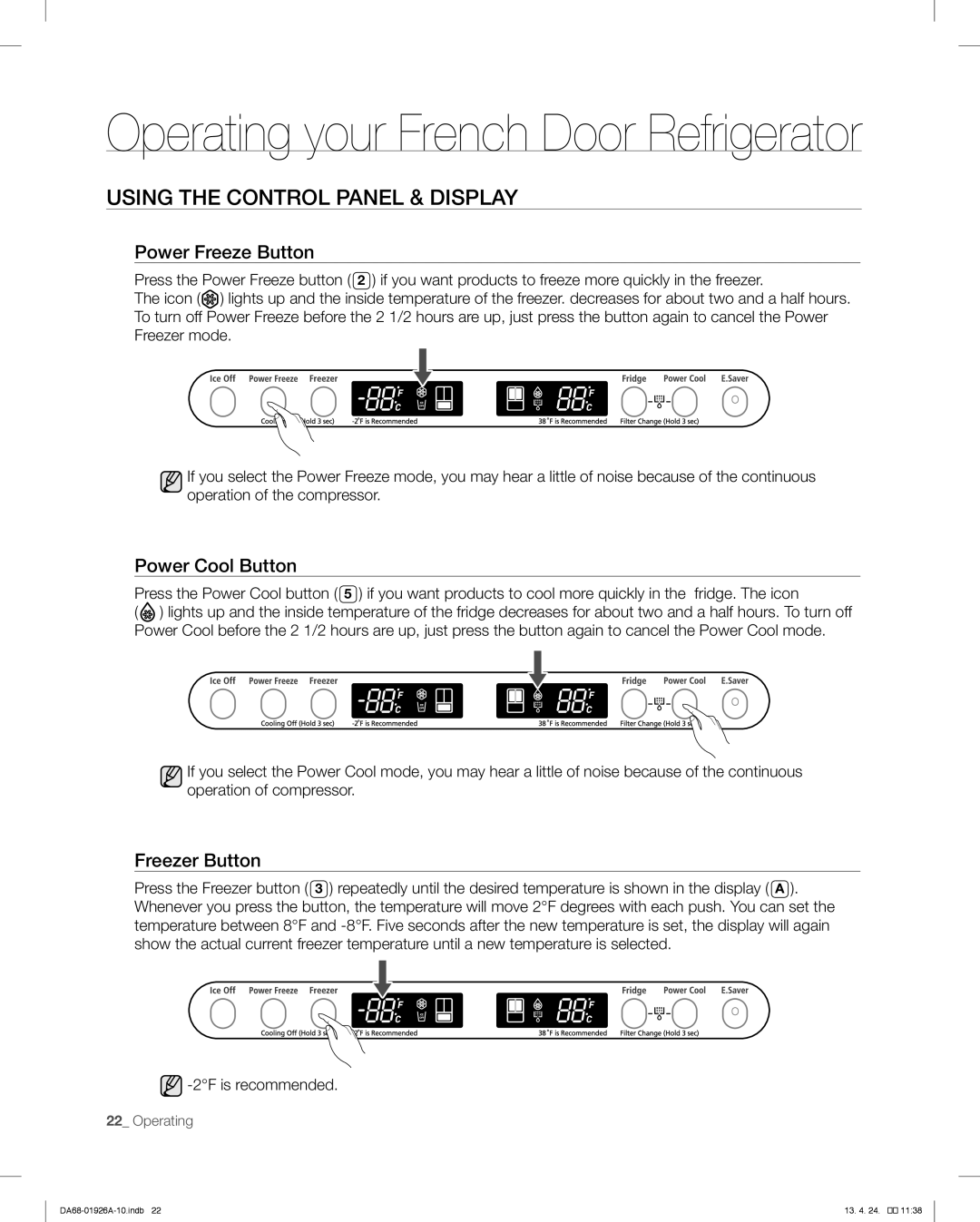 Samsung RFG293HARS, RFG293HAWP user manual Power Freeze Button, Power Cool Button, Freezer Button 