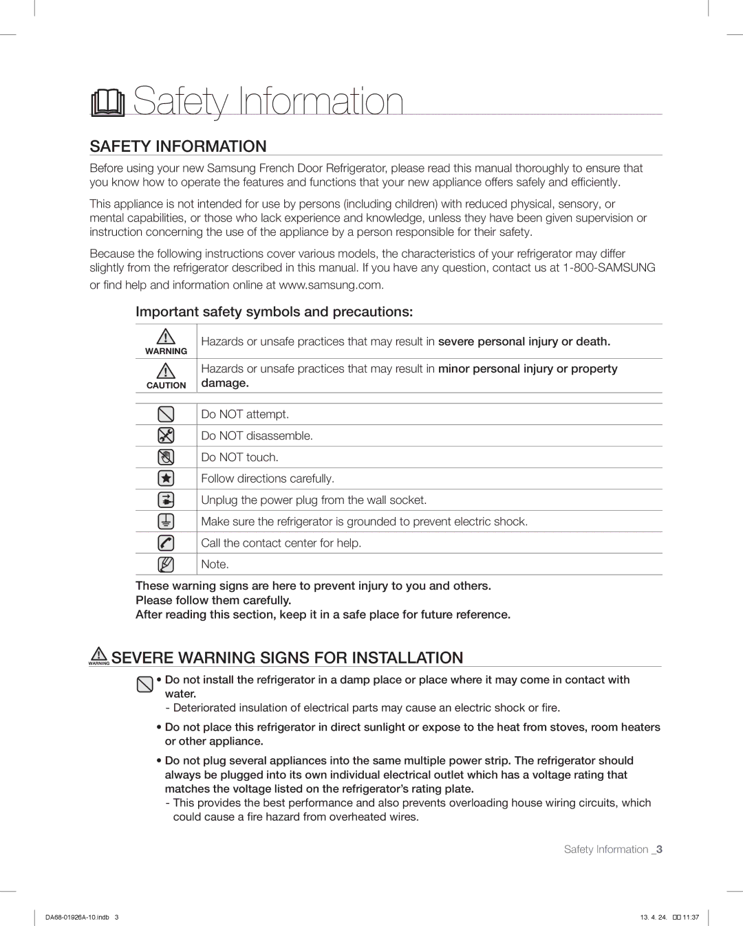 Samsung RFG293HAWP, RFG293HARS user manual Safety Information, Important safety symbols and precautions 