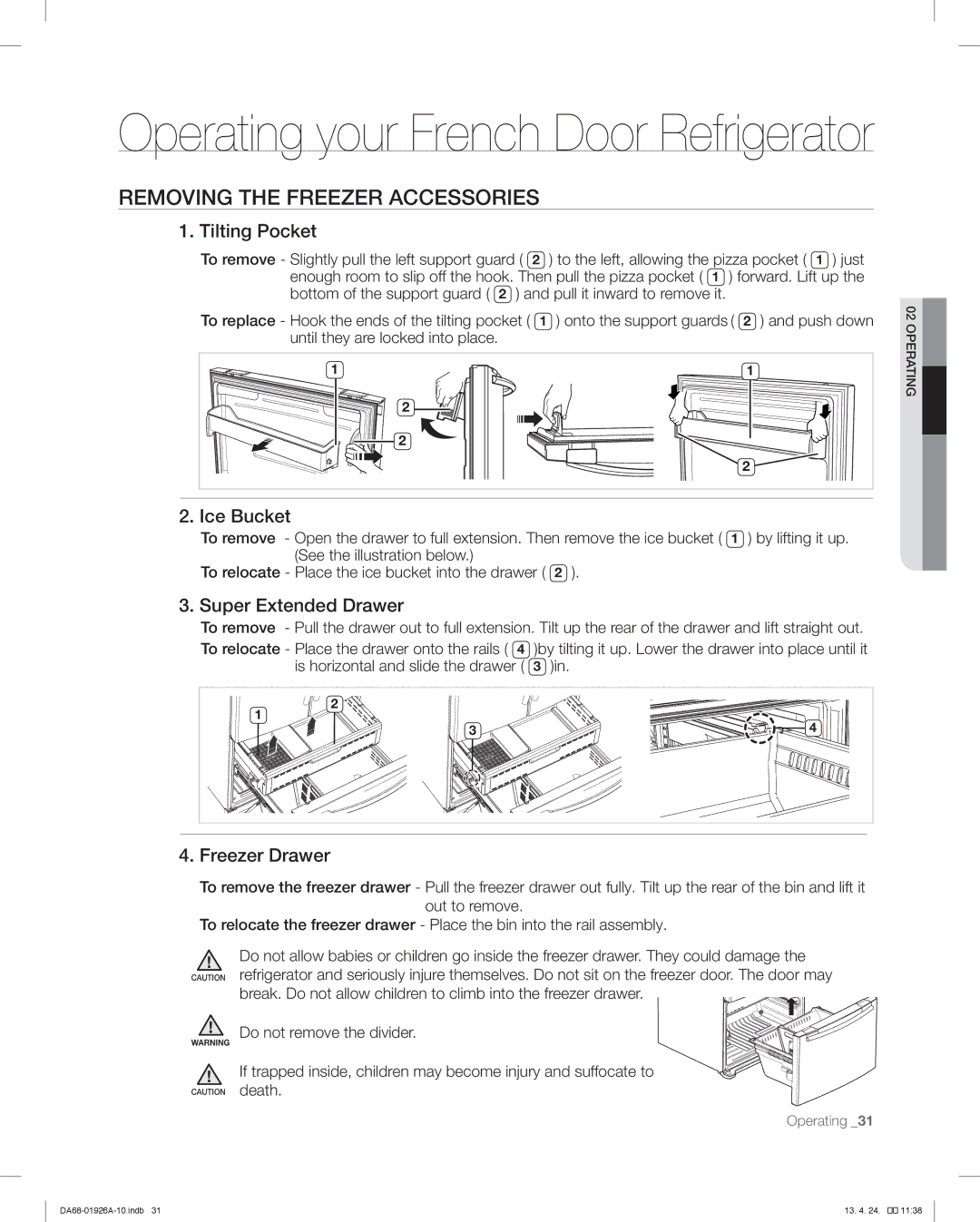 Samsung RFG293HAWP Removing the Freezer Accessories, Tilting Pocket, Ice Bucket, Super Extended Drawer, Freezer Drawer 