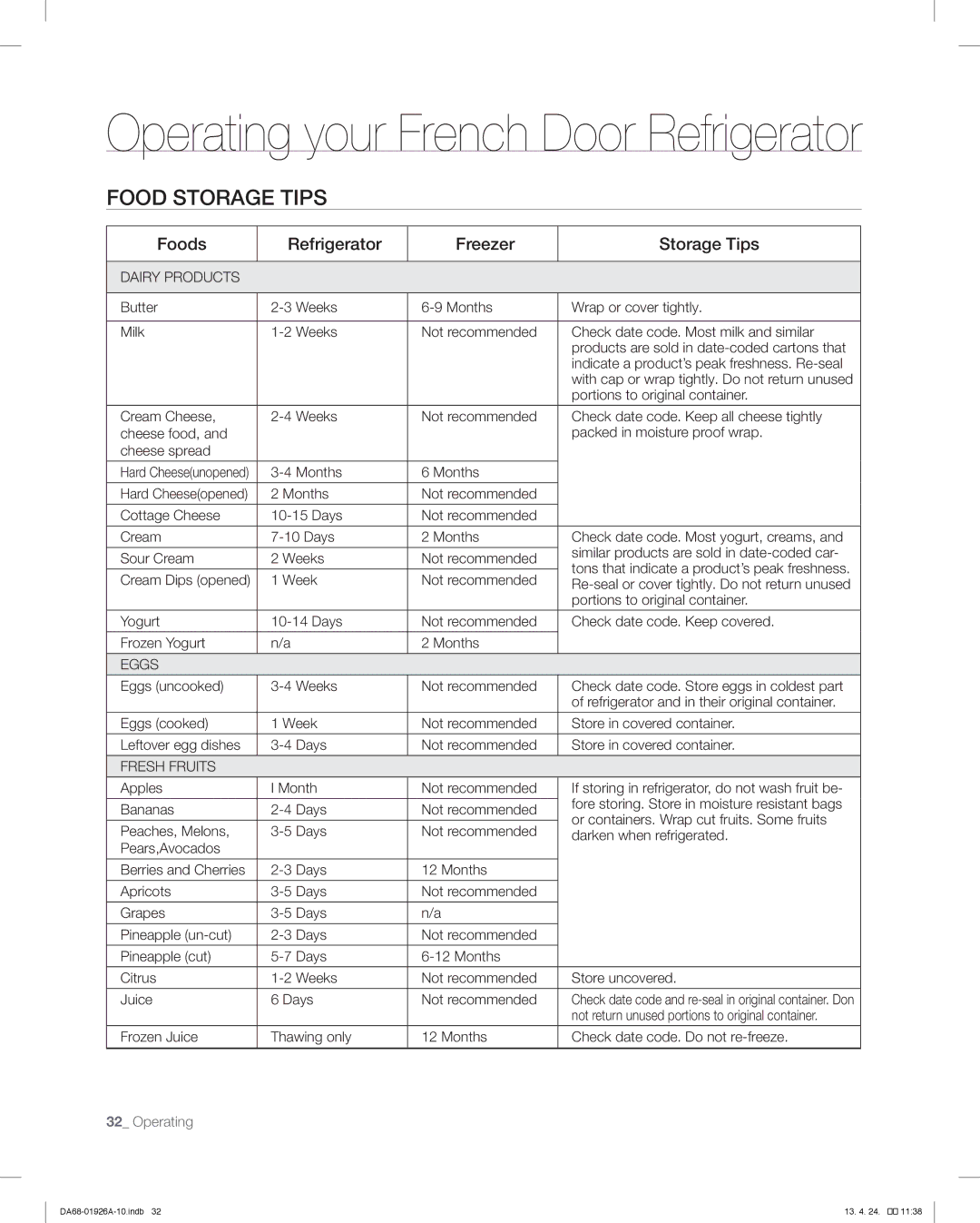 Samsung RFG293HARS, RFG293HAWP user manual Food Storage Tips, Foods Refrigerator Freezer Storage Tips 