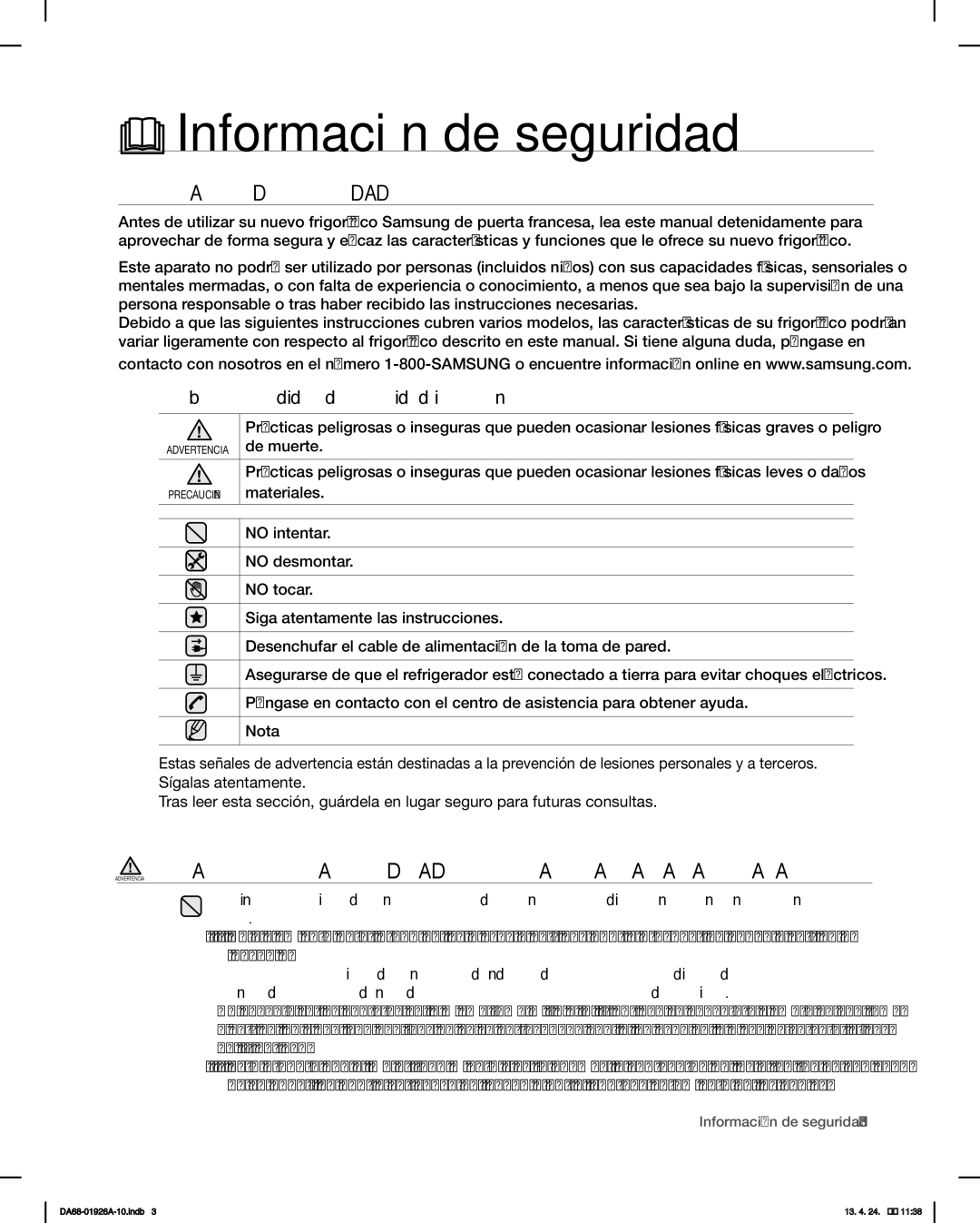 Samsung RFG293HAWP, RFG293HARS user manual Información DE Seguridad, Símbolos y medidas de seguridad importantes 