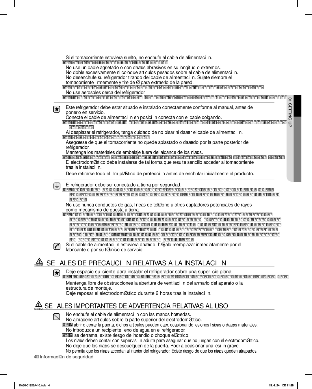 Samsung RFG293HARS, RFG293HAWP user manual Precaución Señales DE Precaución Relativas a LA Instalación 