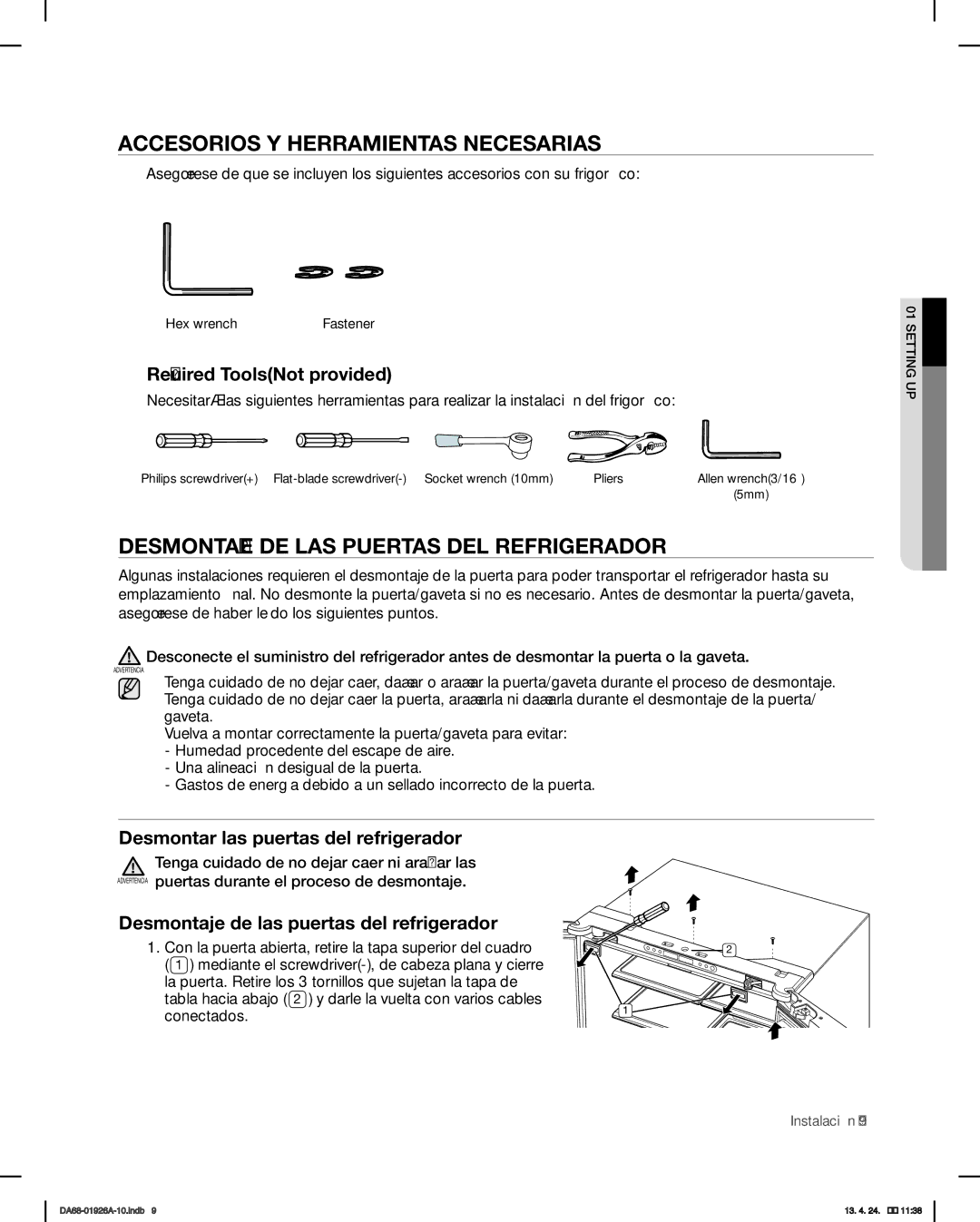 Samsung RFG293HAWP, RFG293HARS user manual Accesorios Y Herramientas Necesarias, Desmontaje DE LAS Puertas DEL Refrigerador 