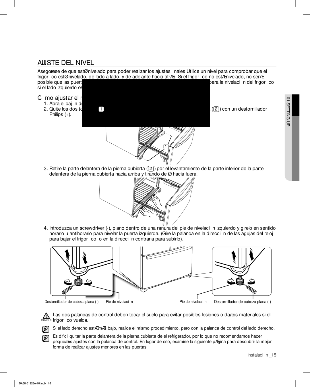 Samsung RFG293HAWP, RFG293HARS user manual Ajuste DEL Nivel, Cómo ajustar el nivel 