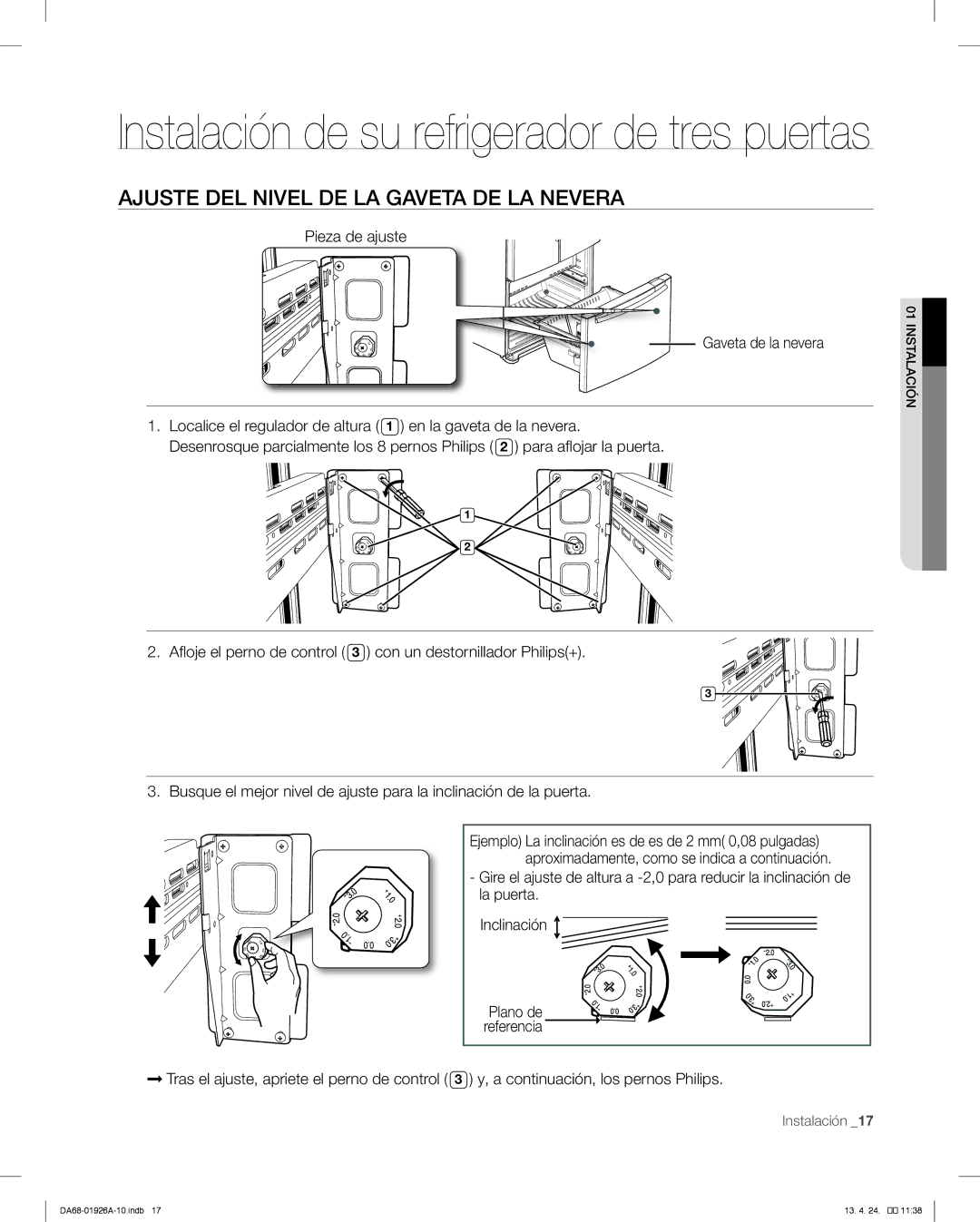 Samsung RFG293HAWP, RFG293HARS user manual Ajuste DEL Nivel DE LA Gaveta DE LA Nevera, Pieza de ajuste Gaveta de la nevera 