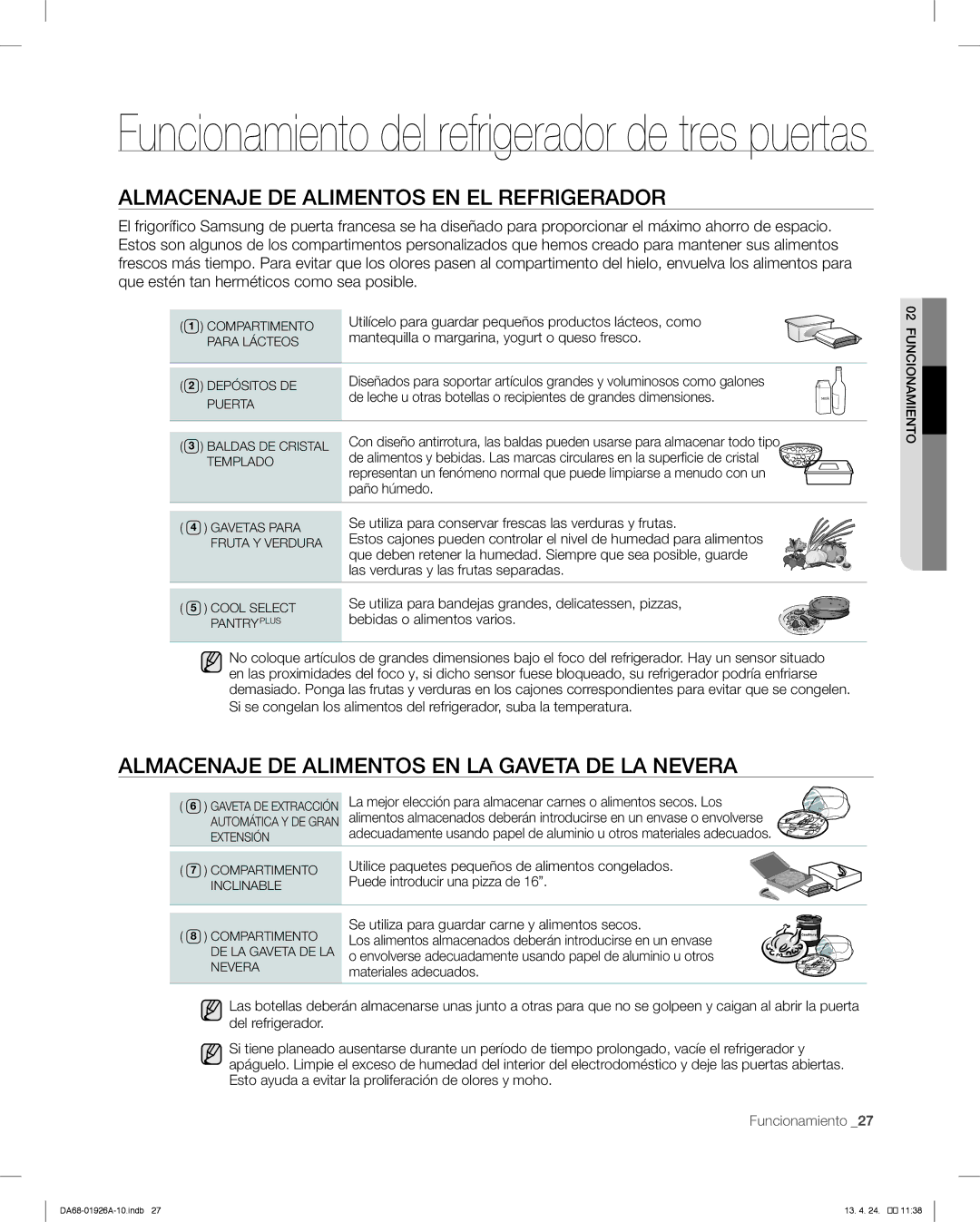 Samsung RFG293HAWP Almacenaje DE Alimentos EN EL Refrigerador, Almacenaje DE Alimentos EN LA Gaveta DE LA Nevera 