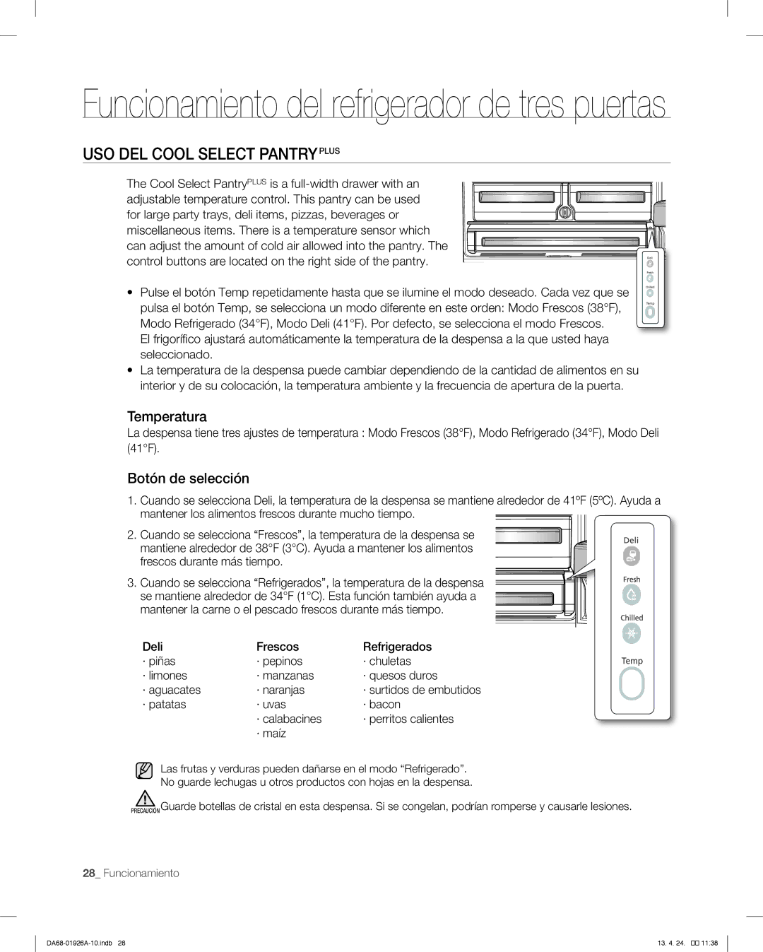 Samsung RFG293HARS, RFG293HAWP user manual USO DEL Cool Select Pantryplus, Temperatura, Botón de selección 