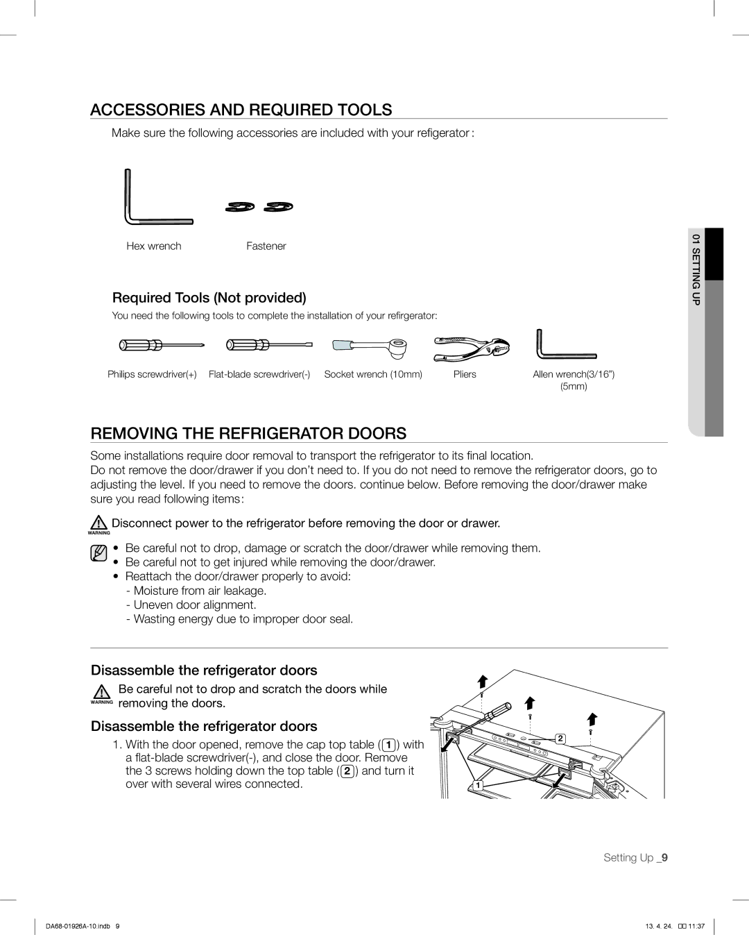 Samsung RFG293HAWP user manual Accessories and Required Tools, Removing the Refrigerator Doors, Required Tools Not provided 