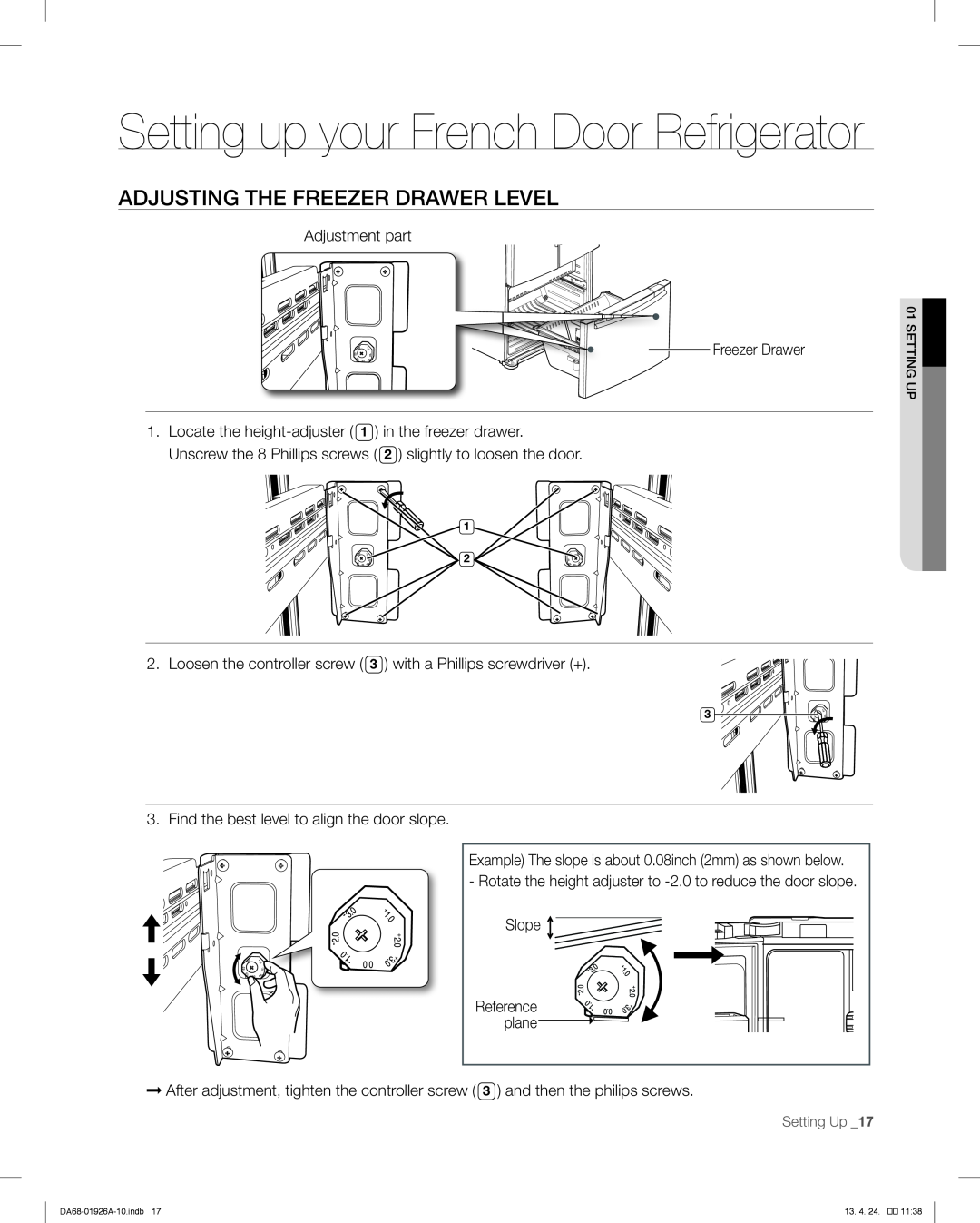 Samsung RFG293HAWP, RFG293HARS user manual Adjusting The Freezer Drawer Level, Setting up your French Door Refrigerator 
