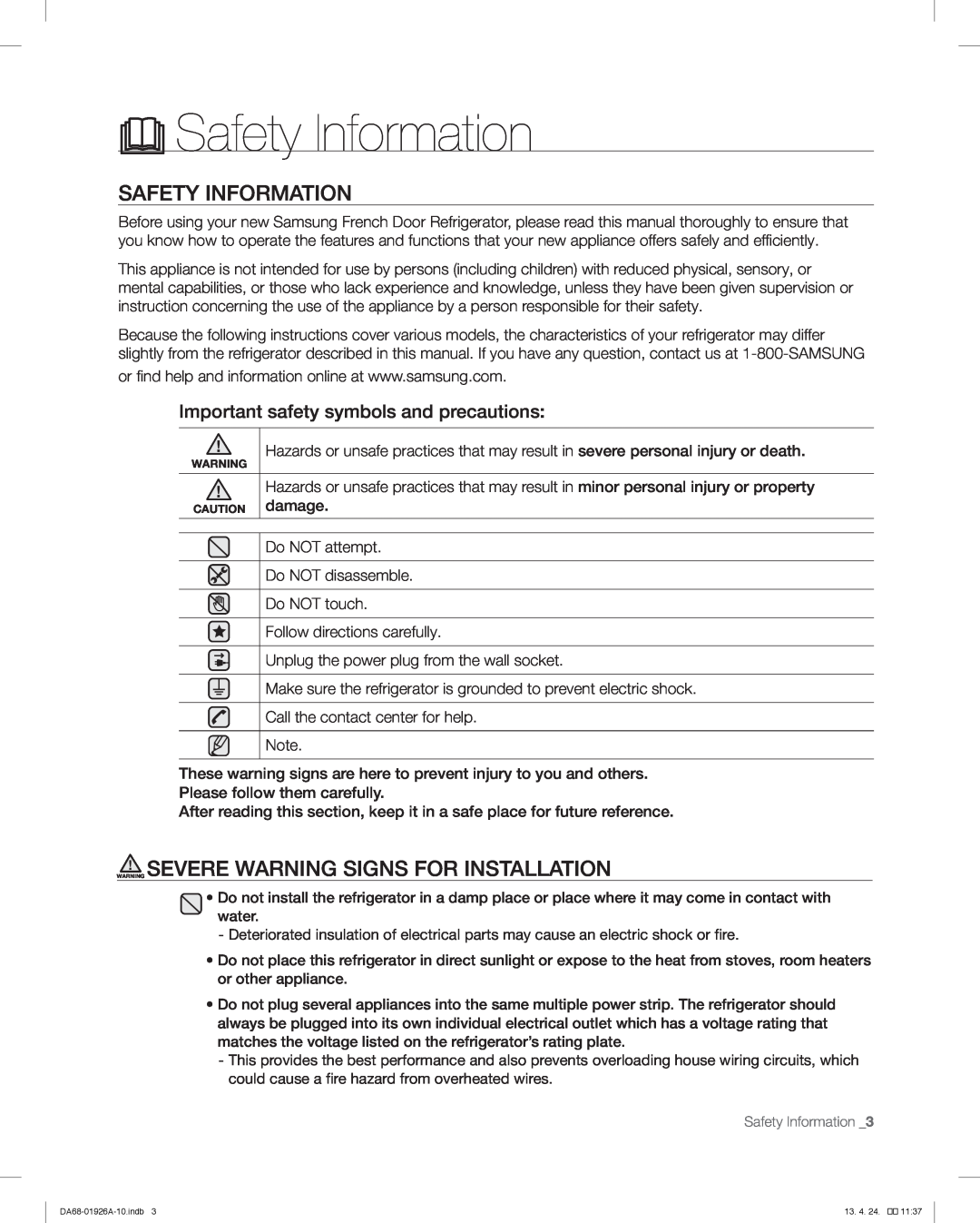 Samsung RFG293HAWP, RFG293HARS user manual Safety Information, Warning Severe Warning Signs For Installation 