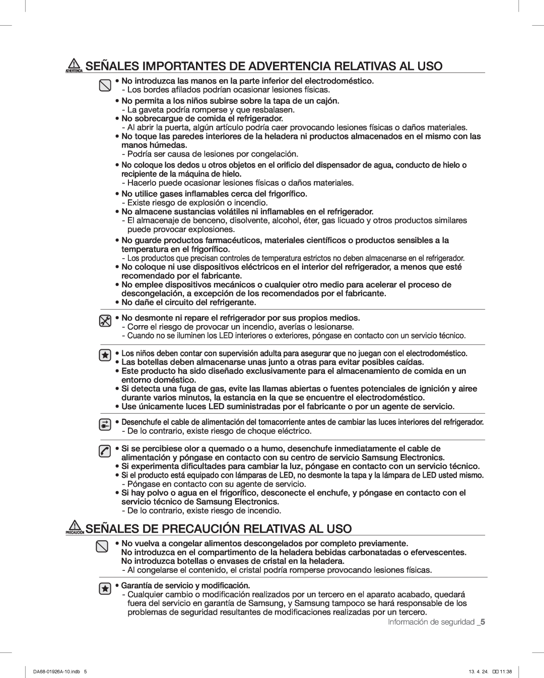 Samsung RFG293HAWP, RFG293HARS user manual Precaución Señales De Precaución Relativas Al Uso 