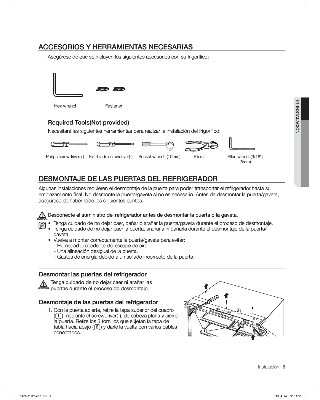 Samsung RFG293HAWP, RFG293HARS user manual Accesorios Y Herramientas Necesarias, Desmontaje De Las Puertas Del Refrigerador 