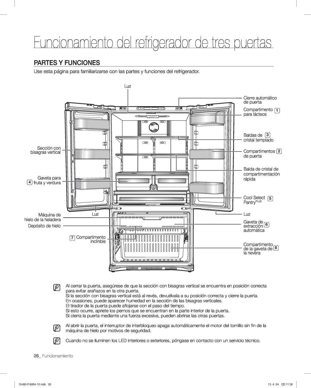 Samsung RFG293HARS, RFG293HAWP user manual Partes Y Funciones, Funcionamiento del refrigerador de tres puertas, Máquina de 