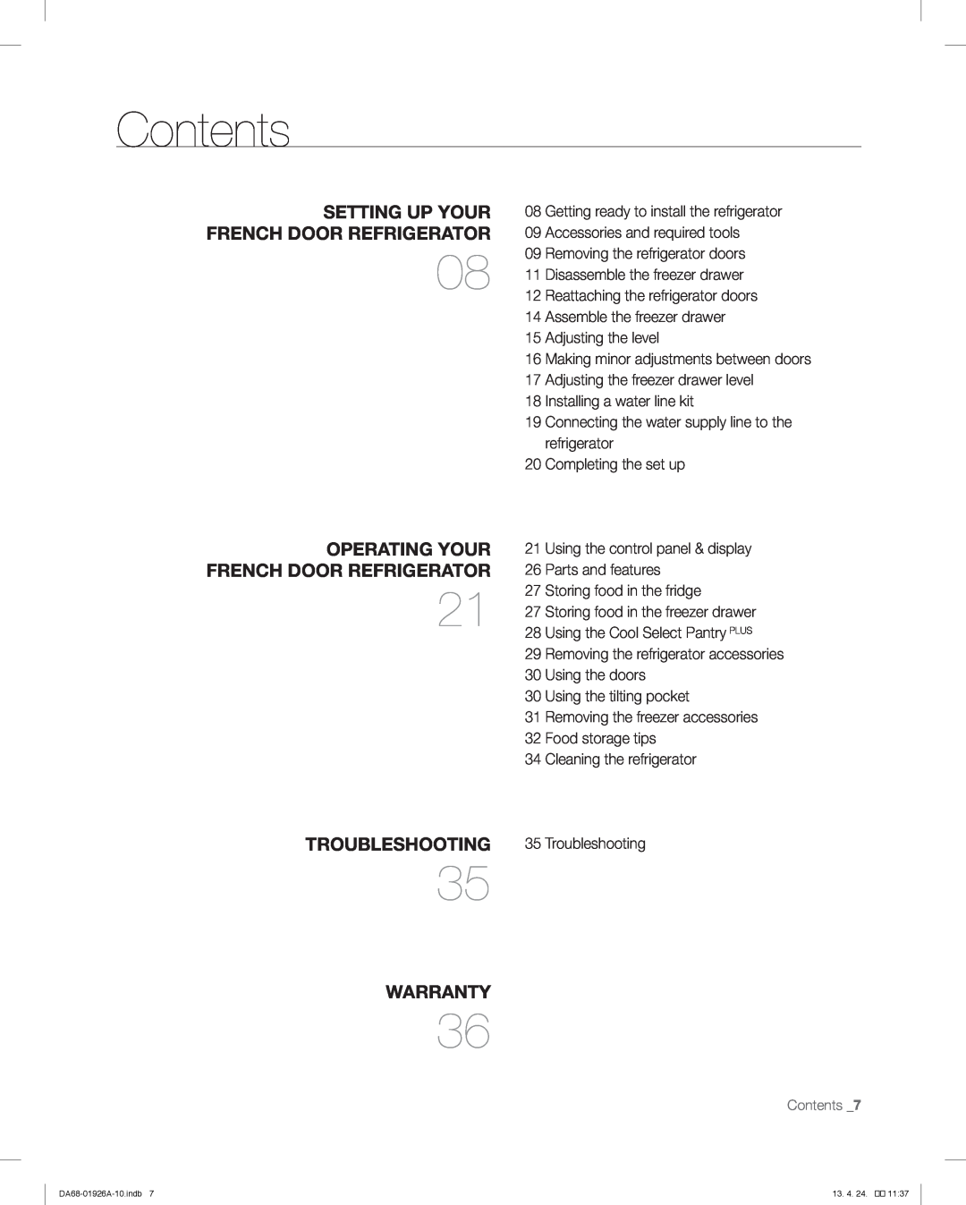 Samsung RFG293HAWP, RFG293HARS user manual Contents, Setting Up Your, French Door Refrigerator, Operating Your, Warranty 
