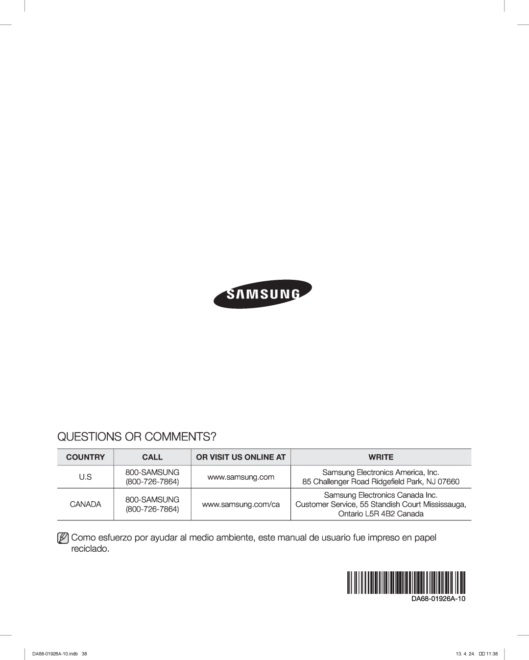 Samsung RFG293HARS Questions Or Comments?, Country, Call, Or Visit Us Online At, Write, Samsung Electronics America, Inc 