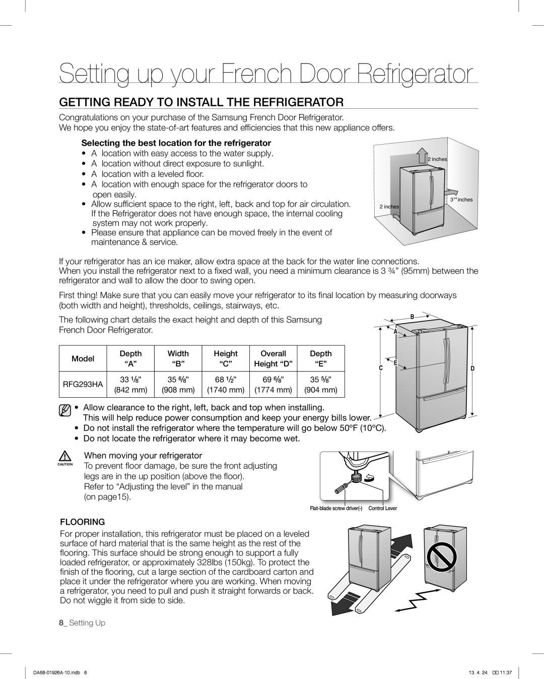 Samsung RFG293HARS, RFG293HAWP Setting up your French Door Refrigerator, Getting Ready To Install The Refrigerator 