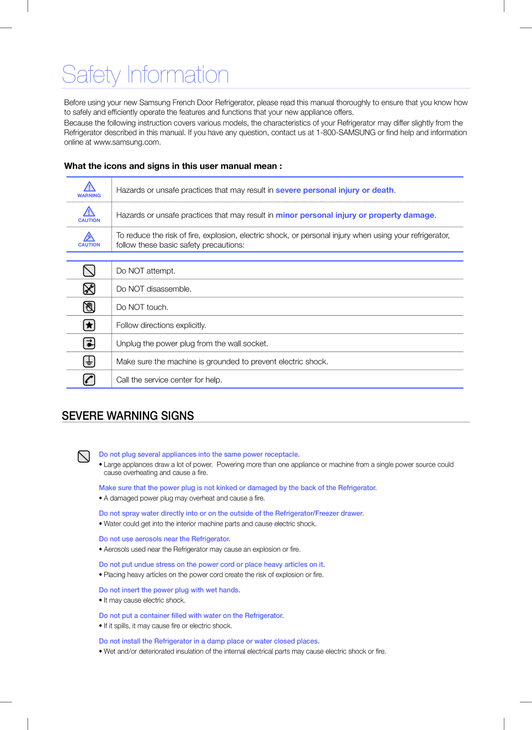 Samsung RFG295AA quick start Safety Information, Do not use aerosols near the Refrigerator 