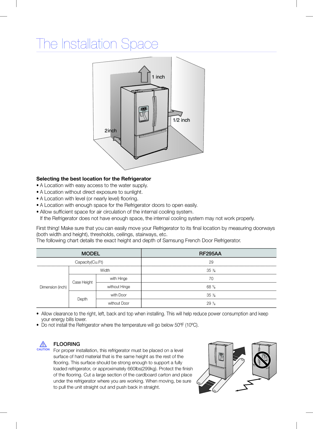 Samsung RFG295AA quick start Installation Space, CapacityCu.Ft Width 