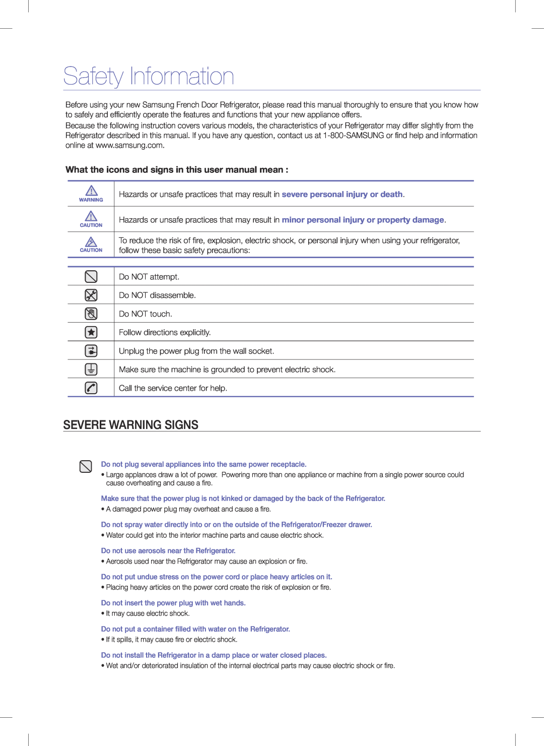 Samsung RFG295AA quick start Safety Information, Severe Warning Signs, What the icons and signs in this user manual mean 