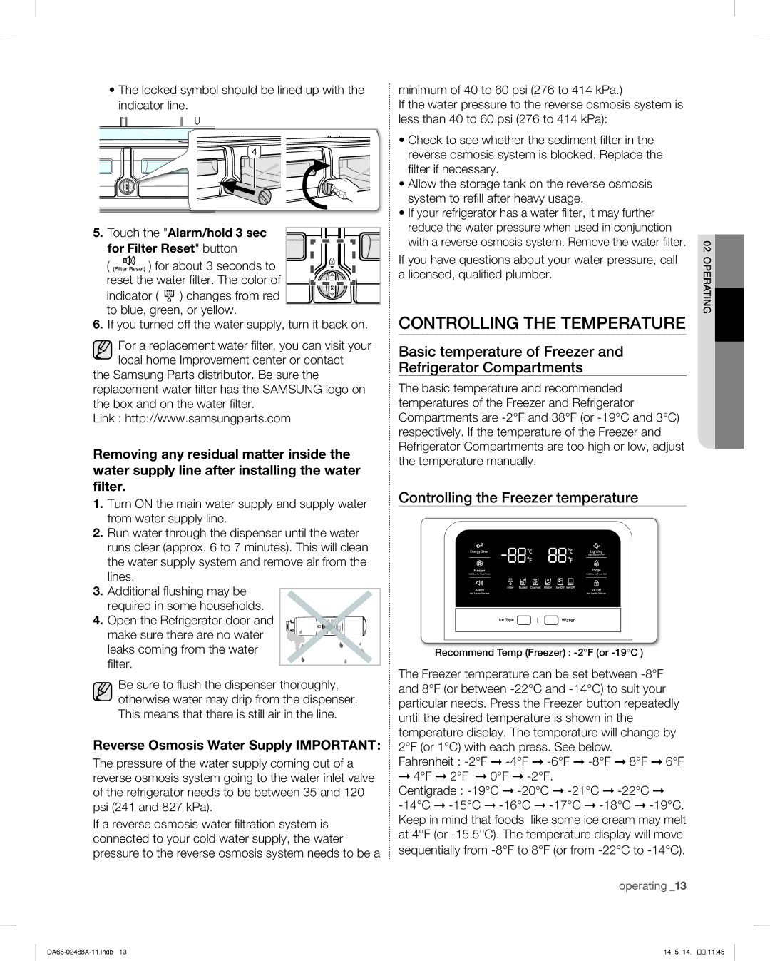 Samsung RFG296HDRS user manual Controlling the Temperature, Basic temperature of Freezer Refrigerator Compartments 