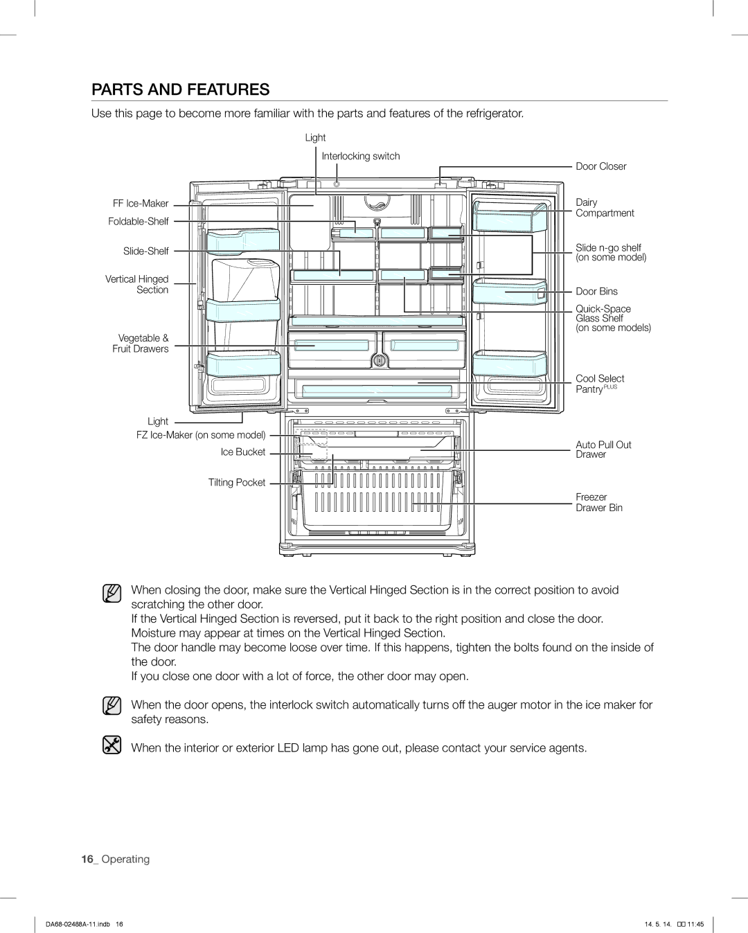 Samsung RFG296HDRS user manual Parts and Features, Vegetable & Fruit Drawers, Dairy Compartment, Freezer Drawer Bin 