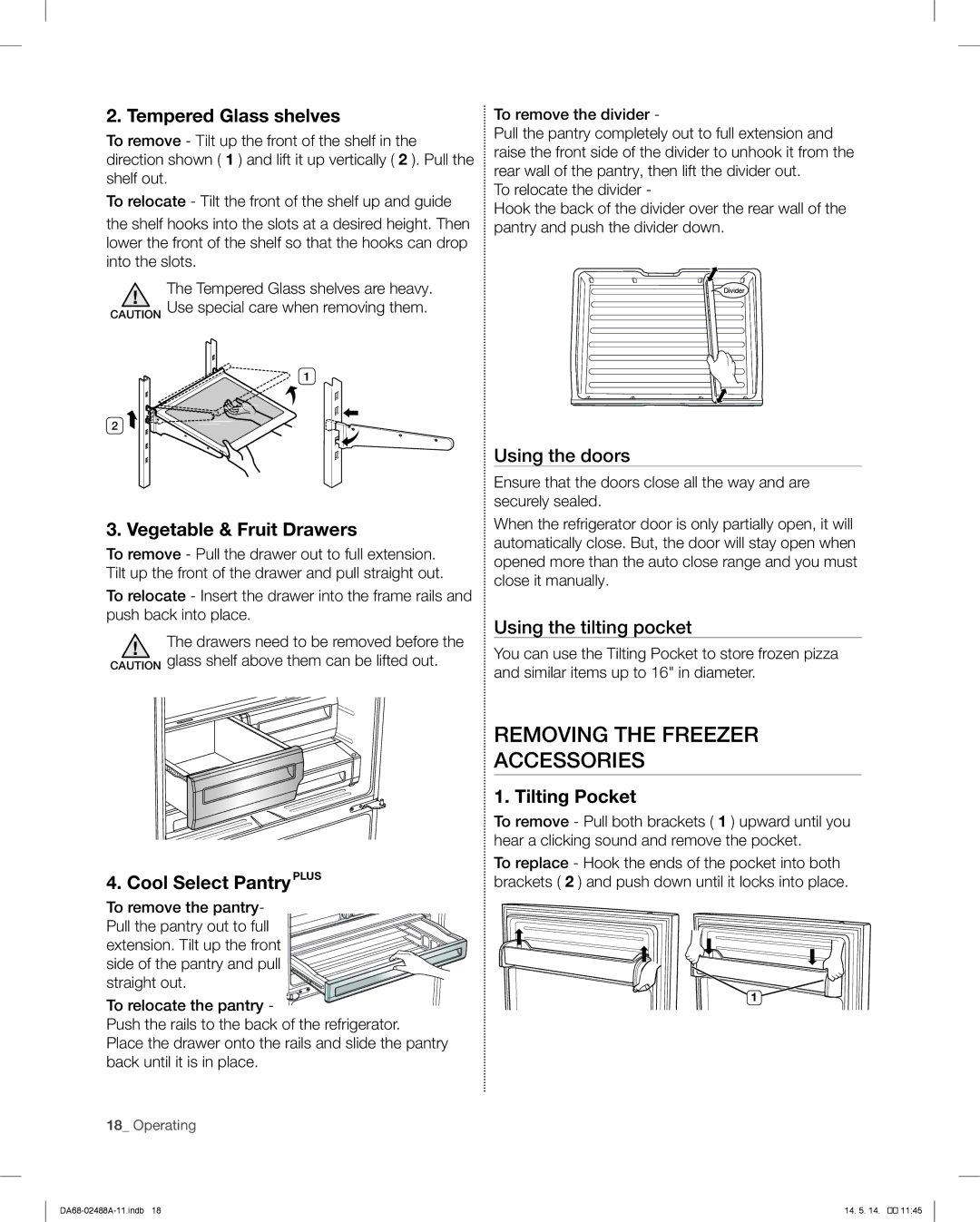 Samsung RFG296HDRS Removing the Freezer Accessories, Tempered Glass shelves, Vegetable & Fruit Drawers, Tilting Pocket 