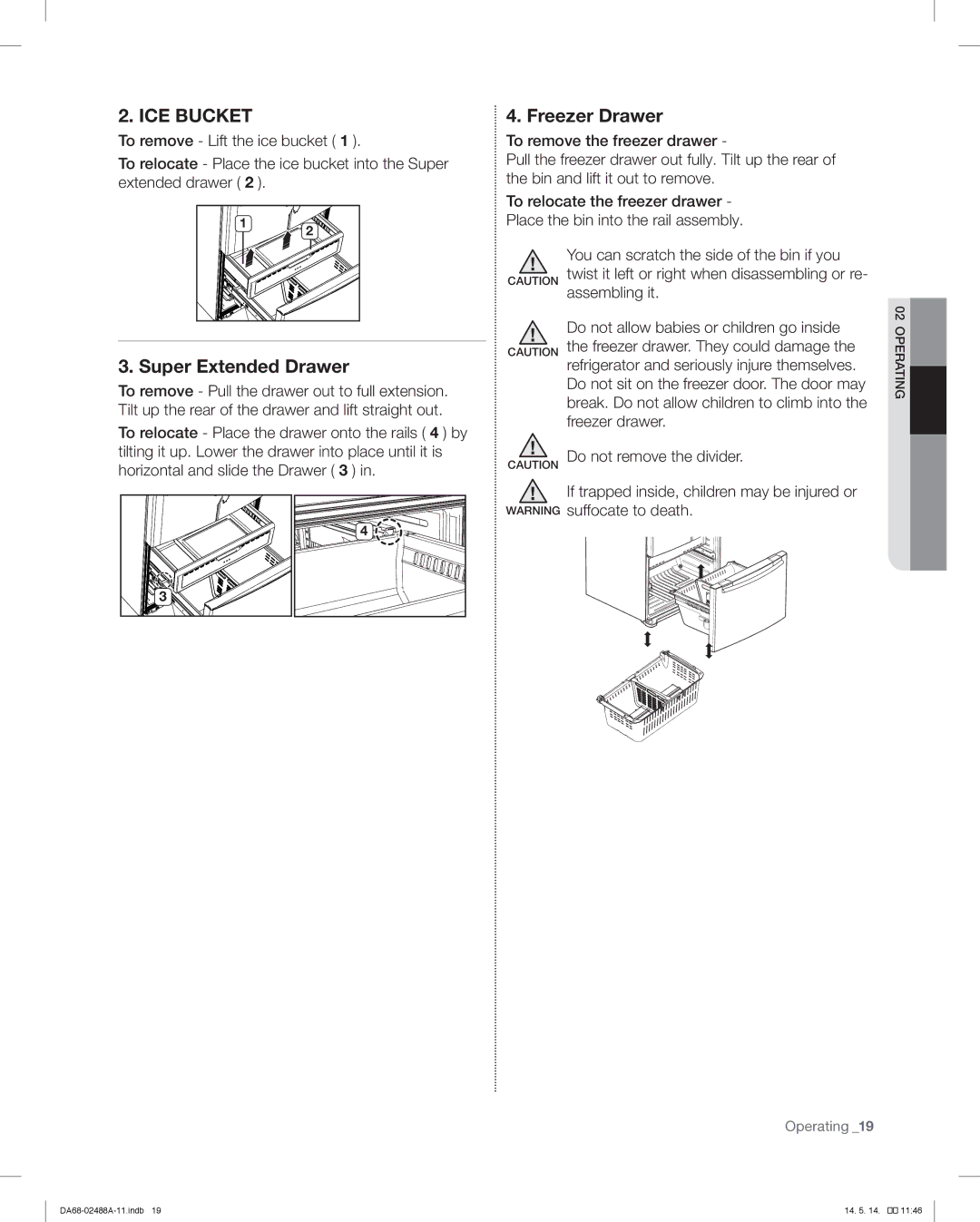 Samsung RFG296HDRS user manual Super Extended Drawer, Freezer Drawer, If trapped inside, children may be injured or 