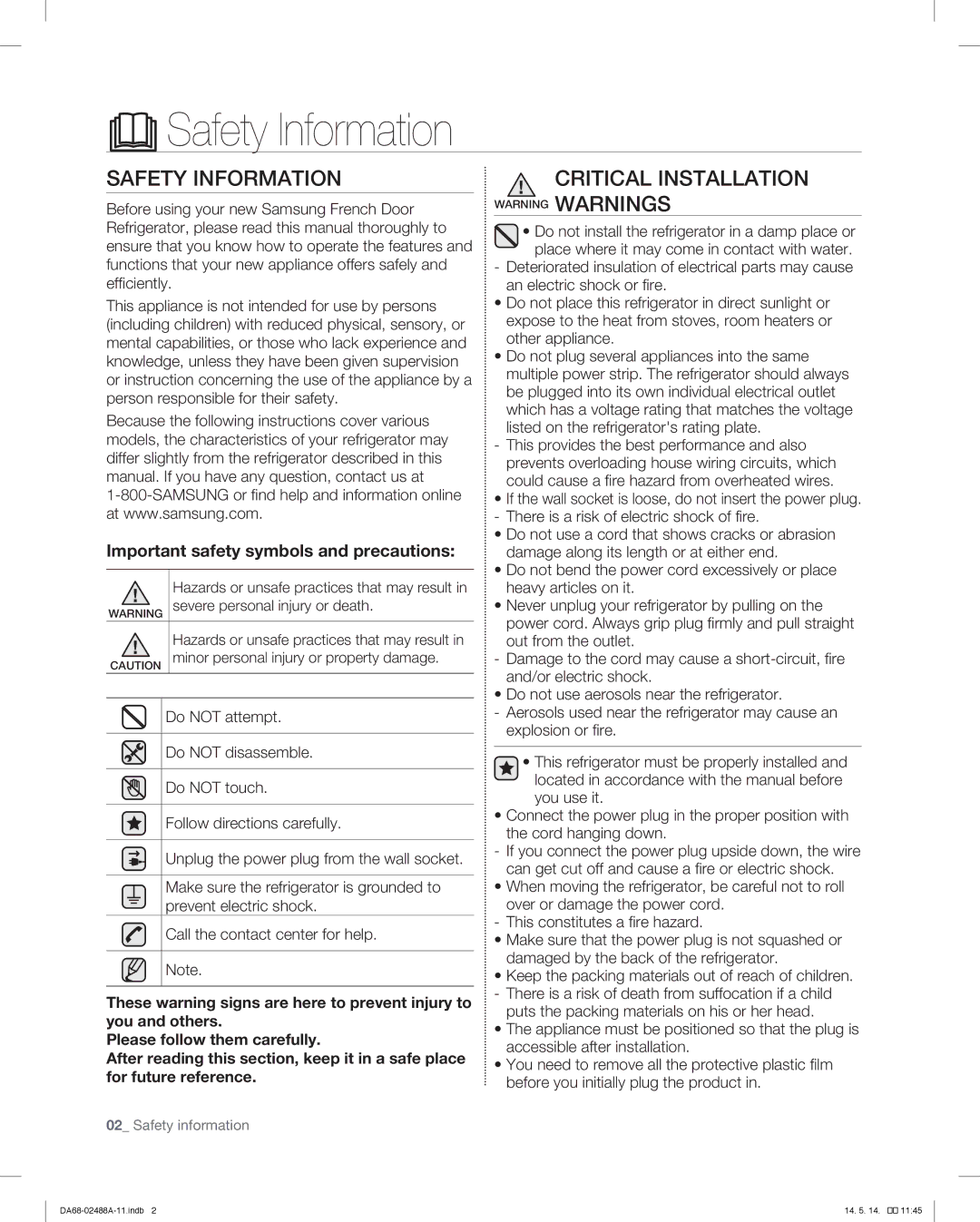 Samsung RFG296HDRS Safety Information, Important safety symbols and precautions, Severe personal injury or death 