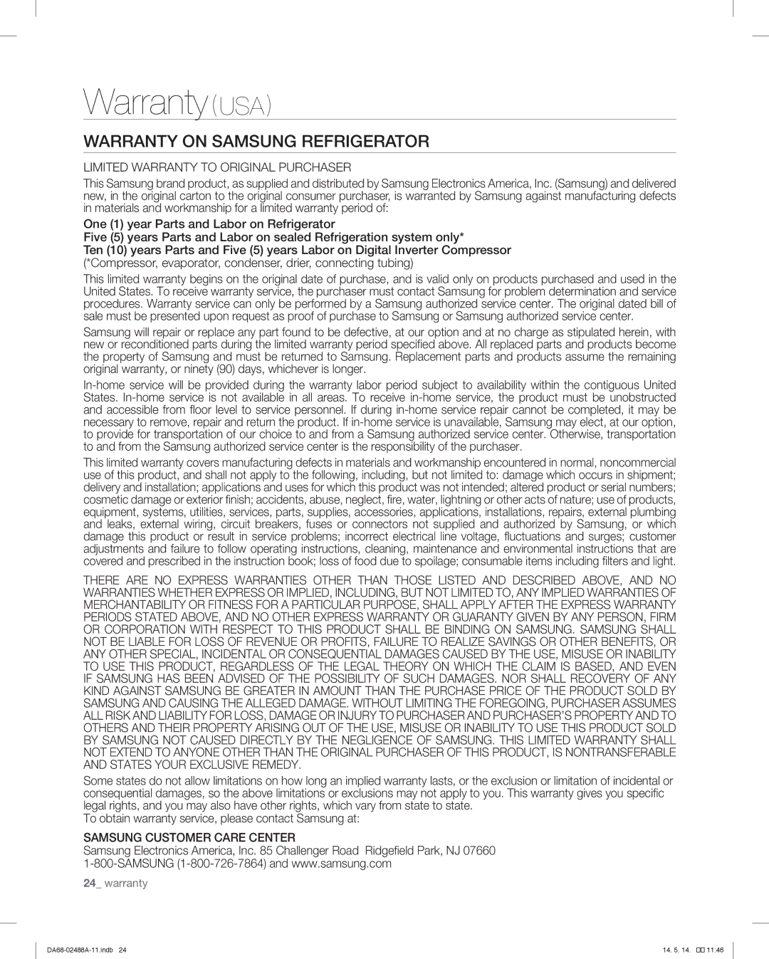 Samsung RFG296HDRS user manual Warranty USA, Warranty on Samsung Refrigerator 