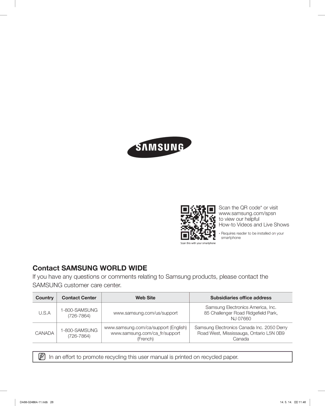 Samsung RFG296HDRS user manual How-to Videos and Live Shows, Country Contact Center Web Site Subsidiaries office address 