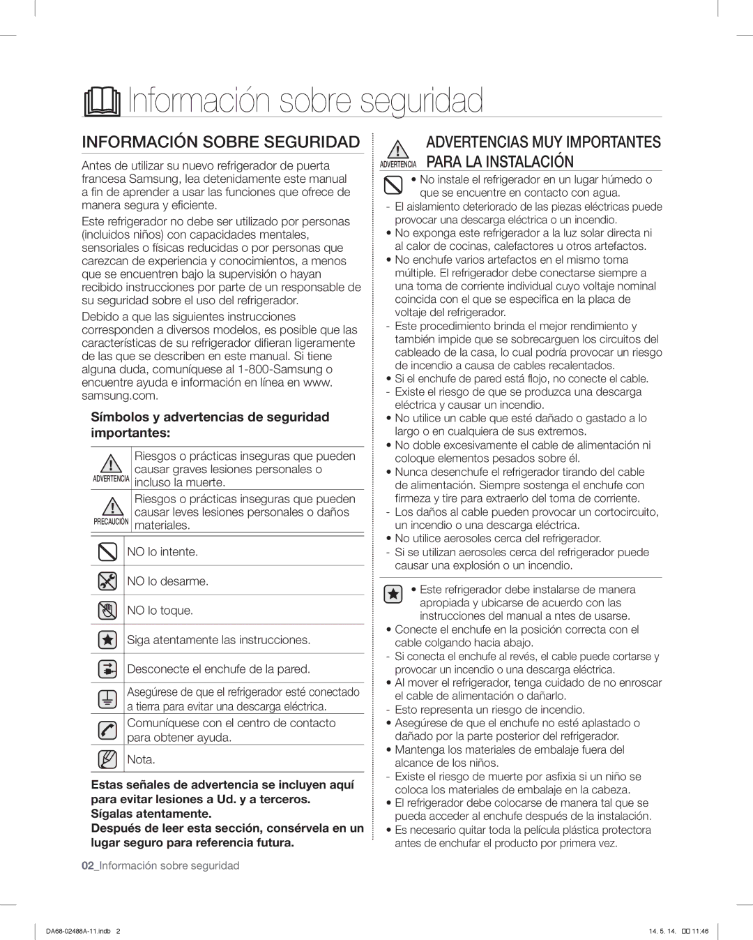 Samsung RFG296HDRS user manual Información sobre seguridad, Información Sobre Seguridad 