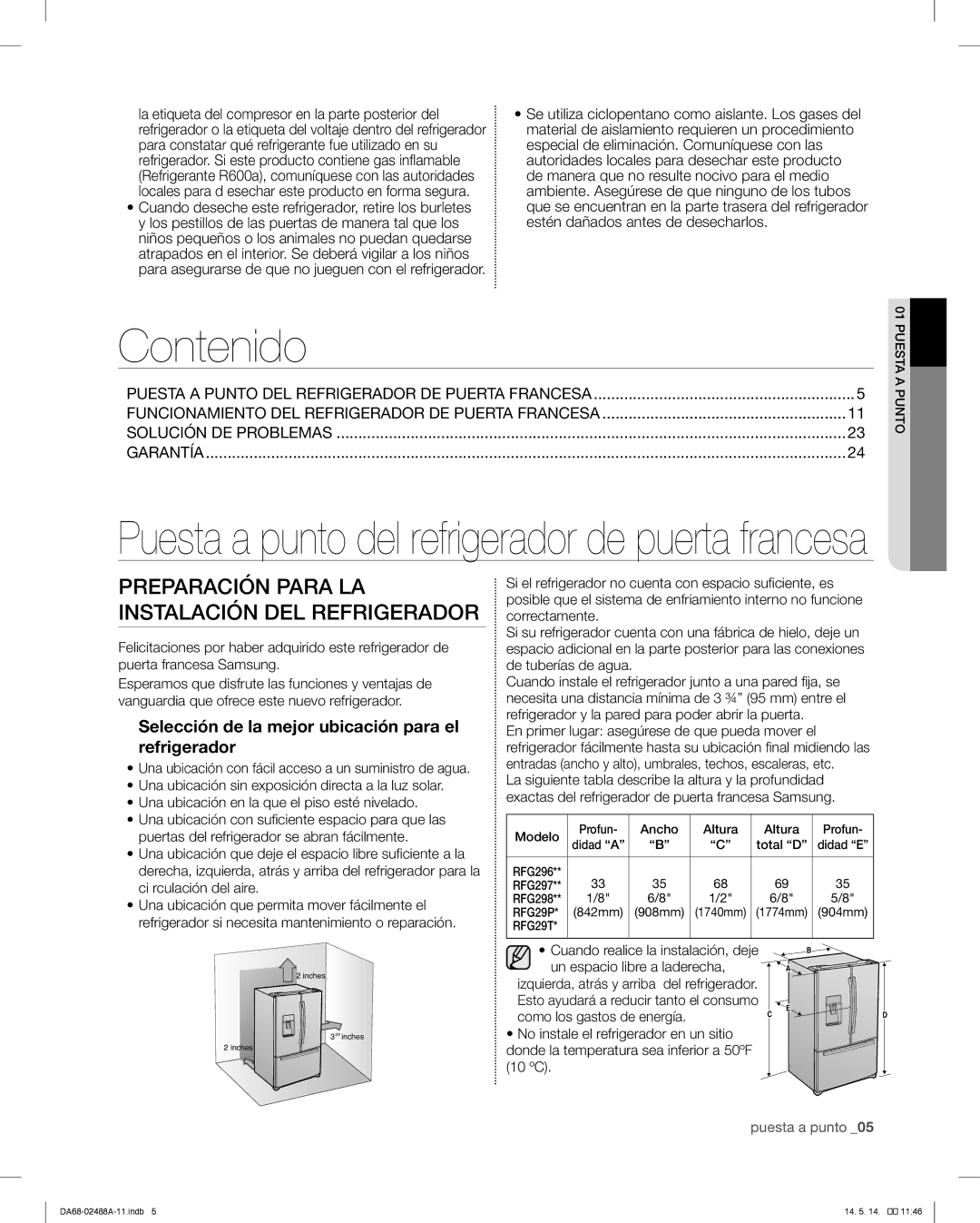 Samsung RFG296HDRS user manual Contenido, Modelo 