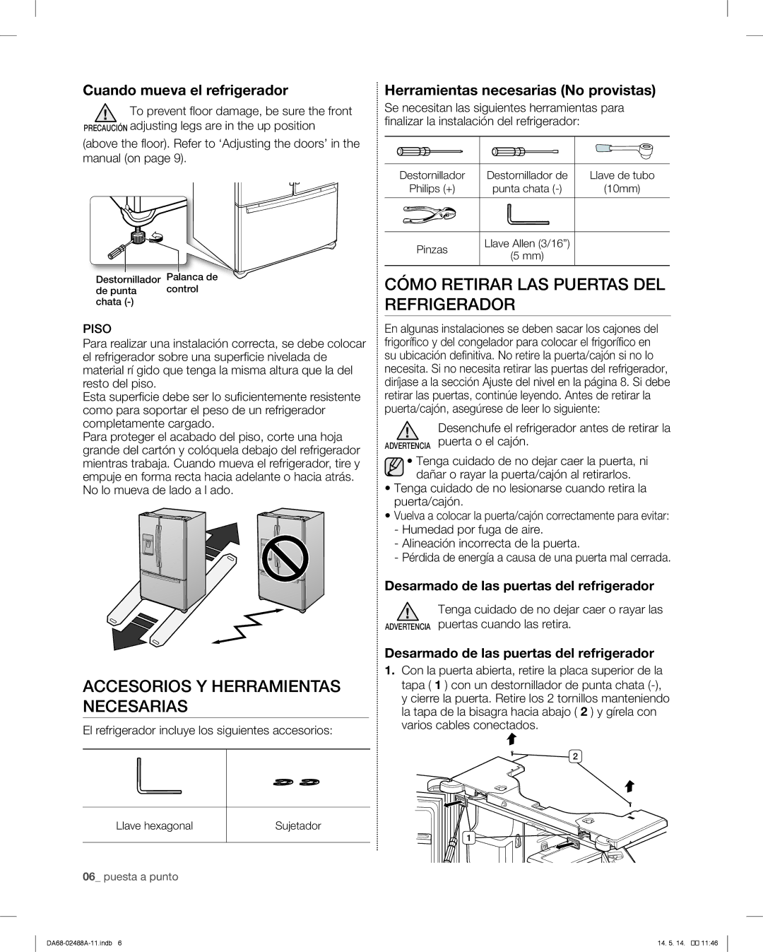 Samsung RFG296HDRS user manual Accesorios Y Herramientas Necesarias, Cómo Retirar LAS Puertas DEL Refrigerador 