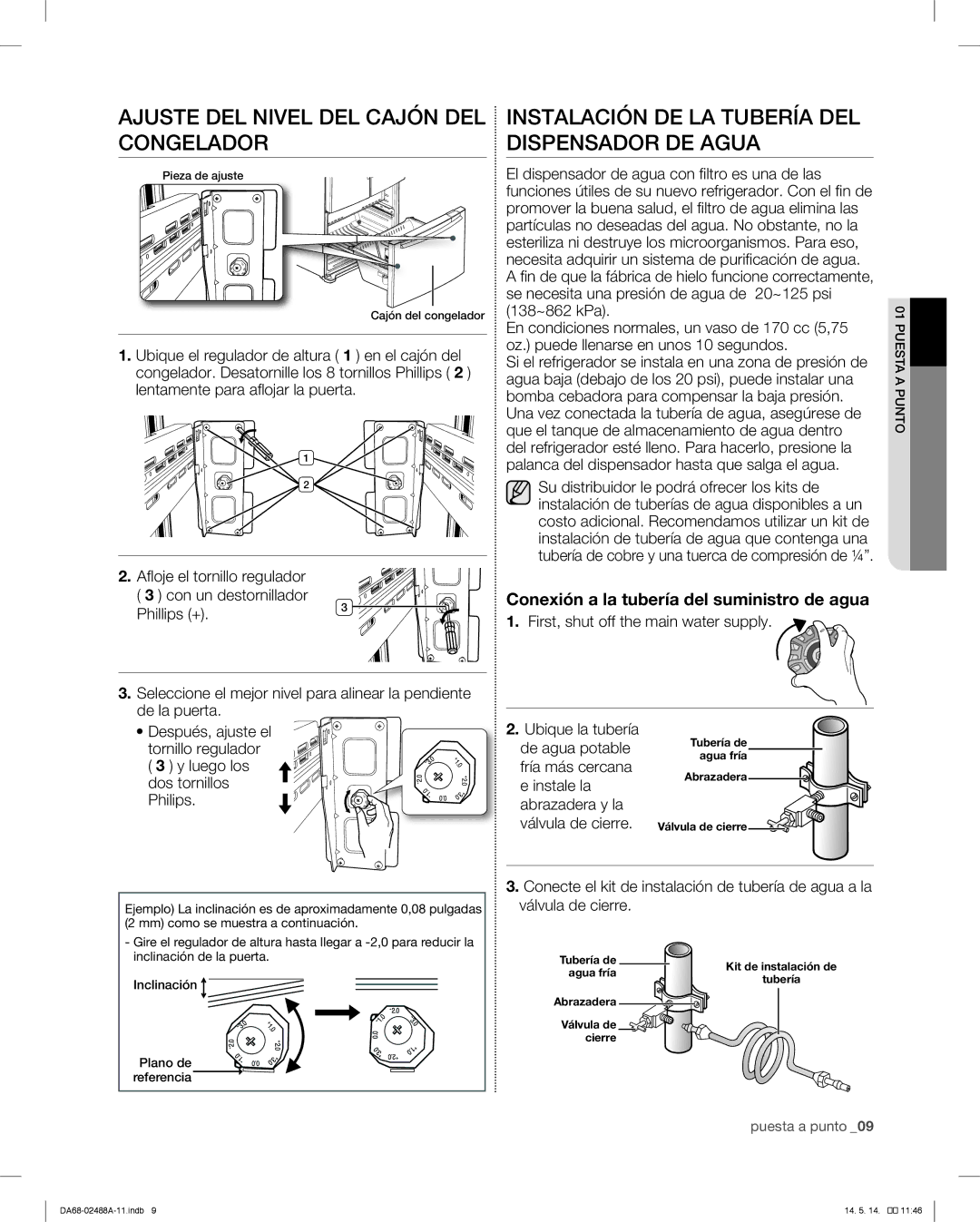 Samsung RFG296HDRS Ajuste DEL Nivel DEL Cajón DEL Congelador, Instalación DE LA Tubería DEL Dispensador DE Agua 