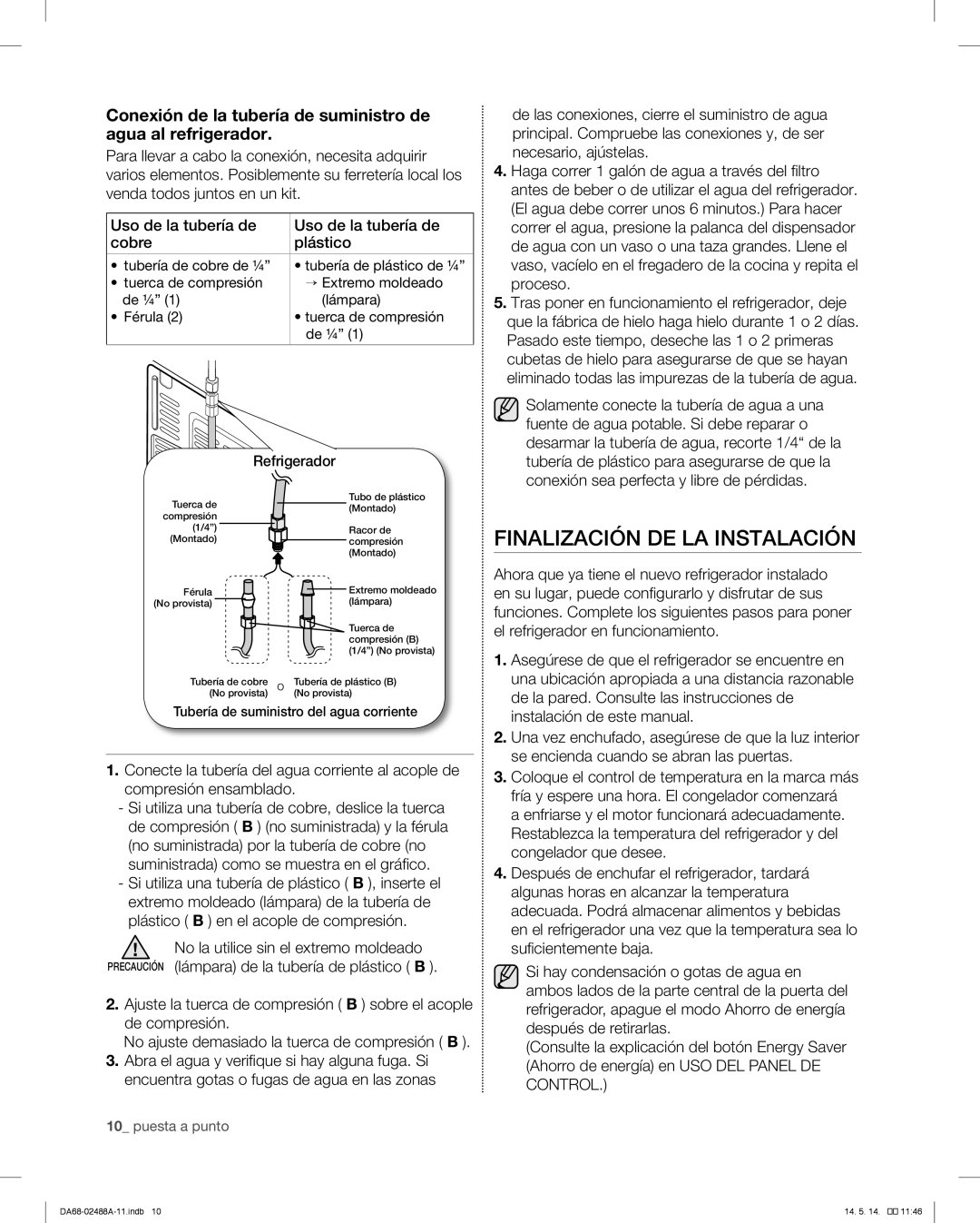 Samsung RFG296HDRS user manual Finalización DE LA Instalación 