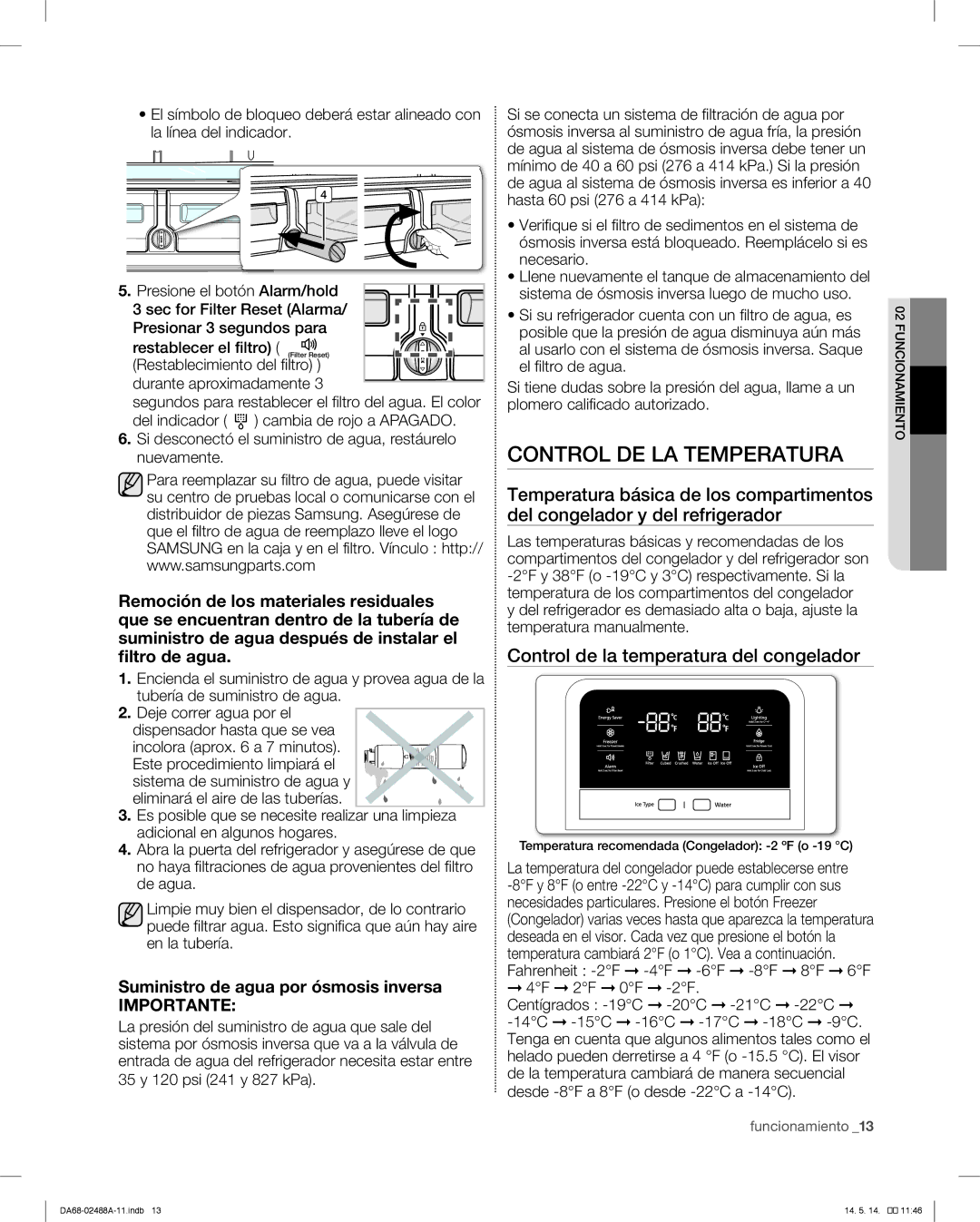 Samsung RFG296HDRS user manual Control DE LA Temperatura, Control de la temperatura del congelador 